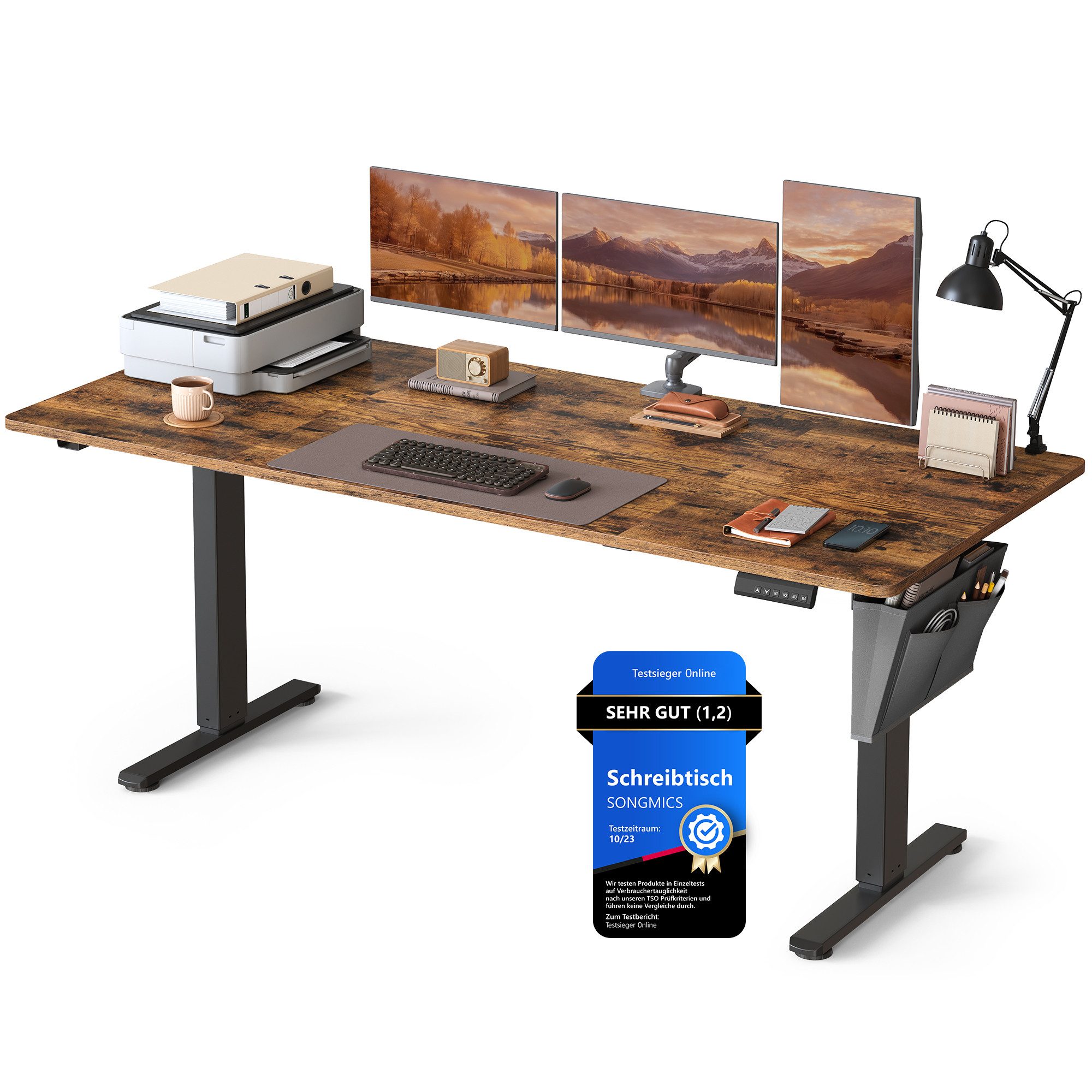 SONGMICS Schreibtisch Höhenverstellbarer elektrisch, 100/120/140/160/180 cm, USB-C-Anschluss, Memory-Funktion für 4 Höhen, mit Stoff-Organizer