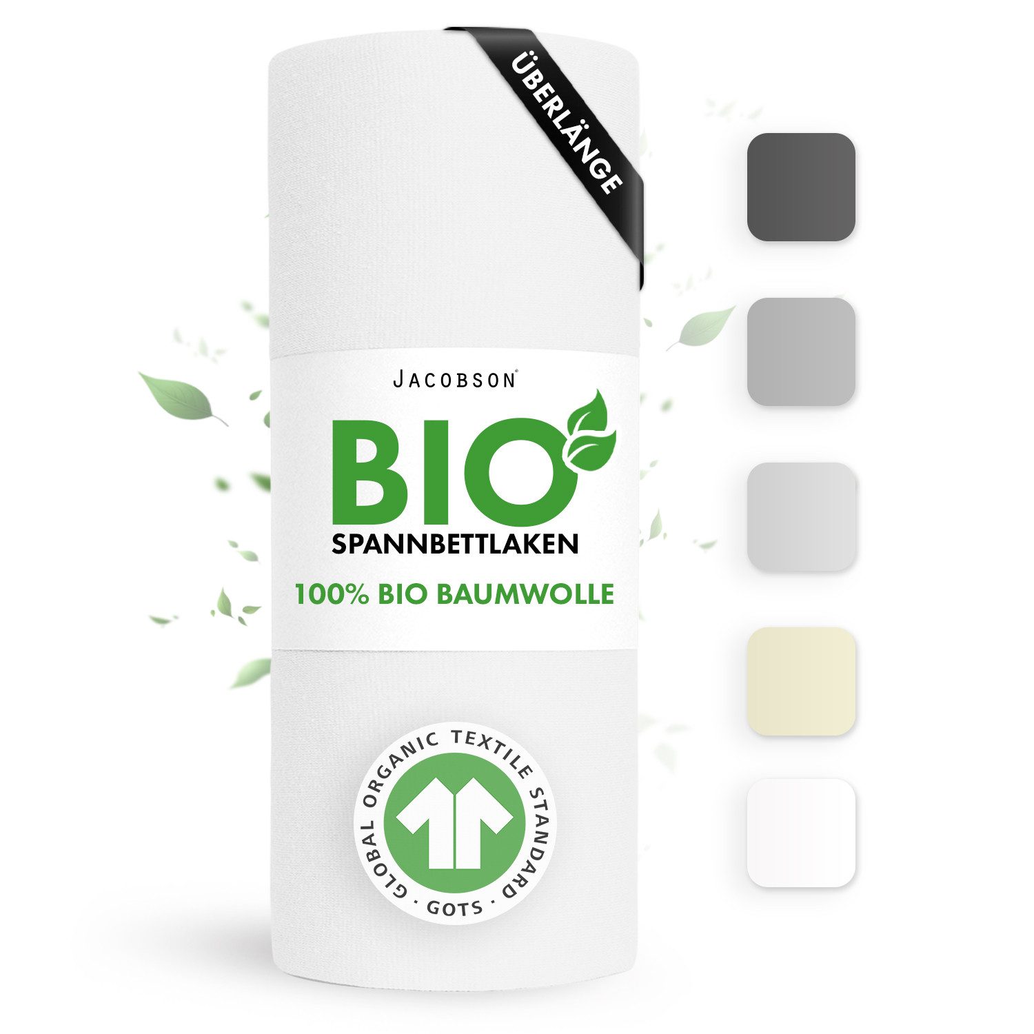Jacobson Spannbettlaken BIO, Jersey Spannbetttuch, Bettlaken 160 g/m², 100% BIO-Baumwolle, Gummizug: rundum, GOTS zertifiziert