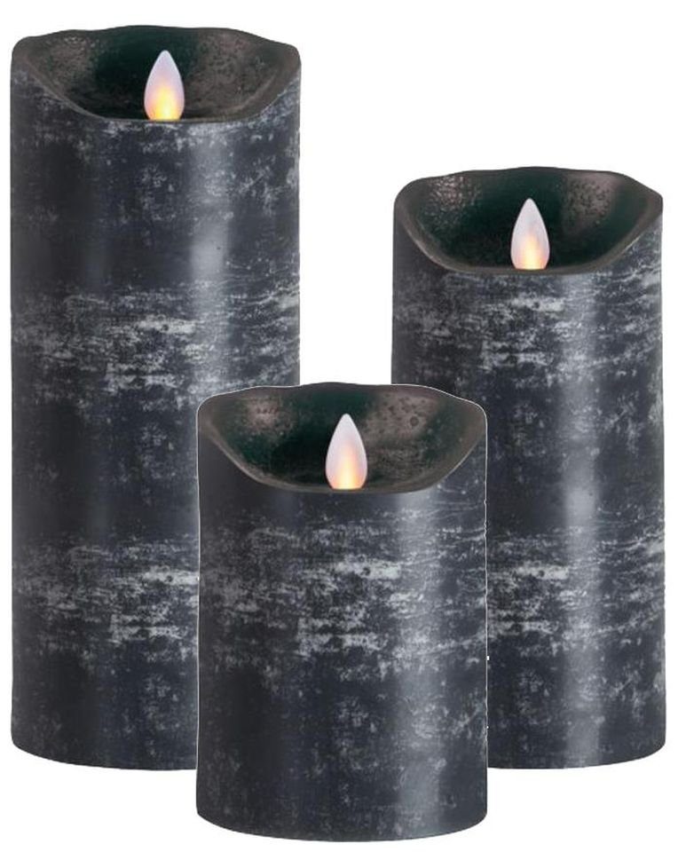 SOMPEX LED-Kerze 3er Set Flame LED Kerzen anthrazit 12,5/18/23cm (Set, 3-tlg., Kerzen, Höhe 12,5/18/23cm (je 8cm Durchmesser), integrierter Timer, Echtwachs, täuschend Kerzenlicht, Fernbedienung erhältlich