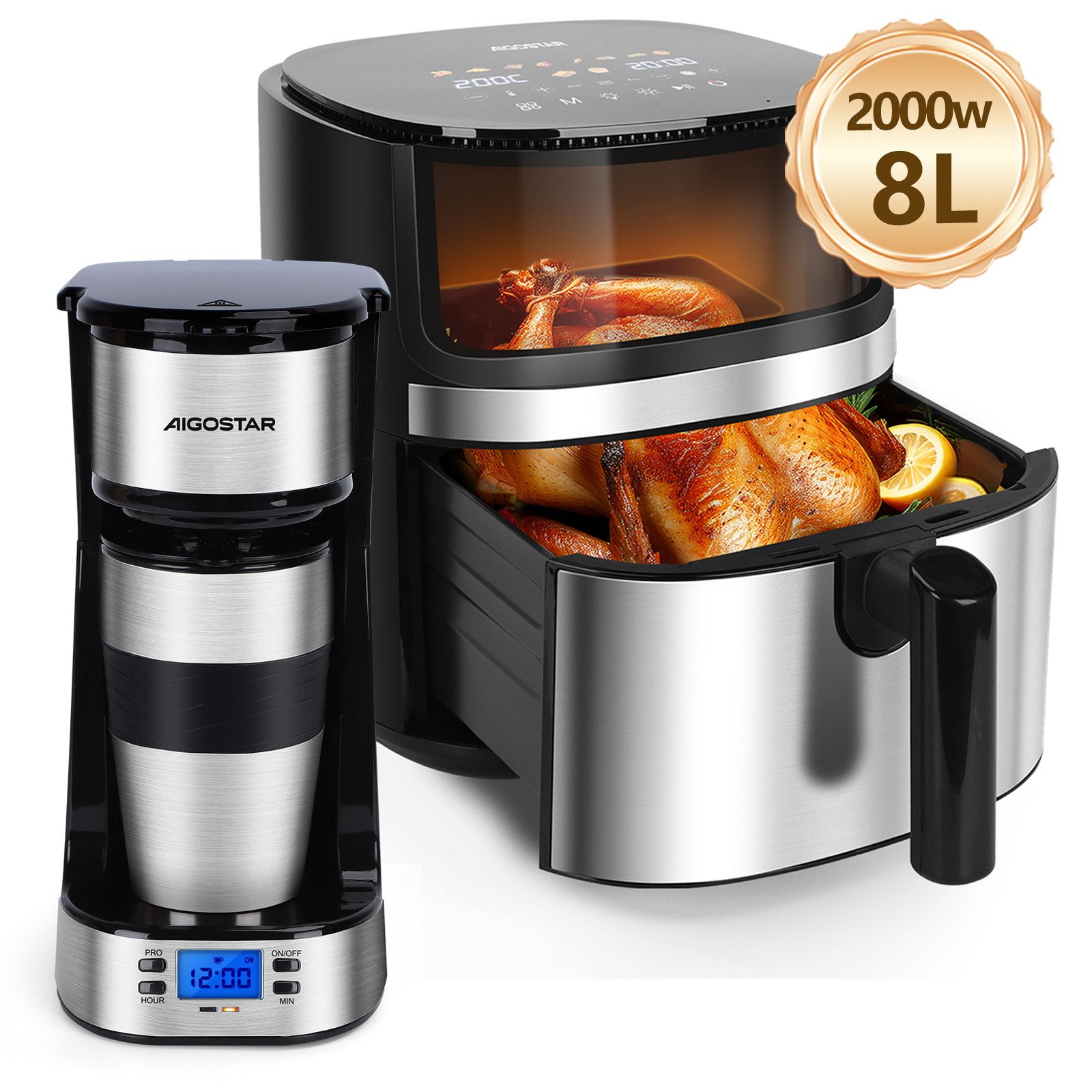 Aigostar Filterkaffeemaschine Kaffeemaschine mit Thermobecher 420ml, Abnehmbarer Filter, 750W, Mit 24h-Timer, LCD-Anzeige, AutoClean-Funktion