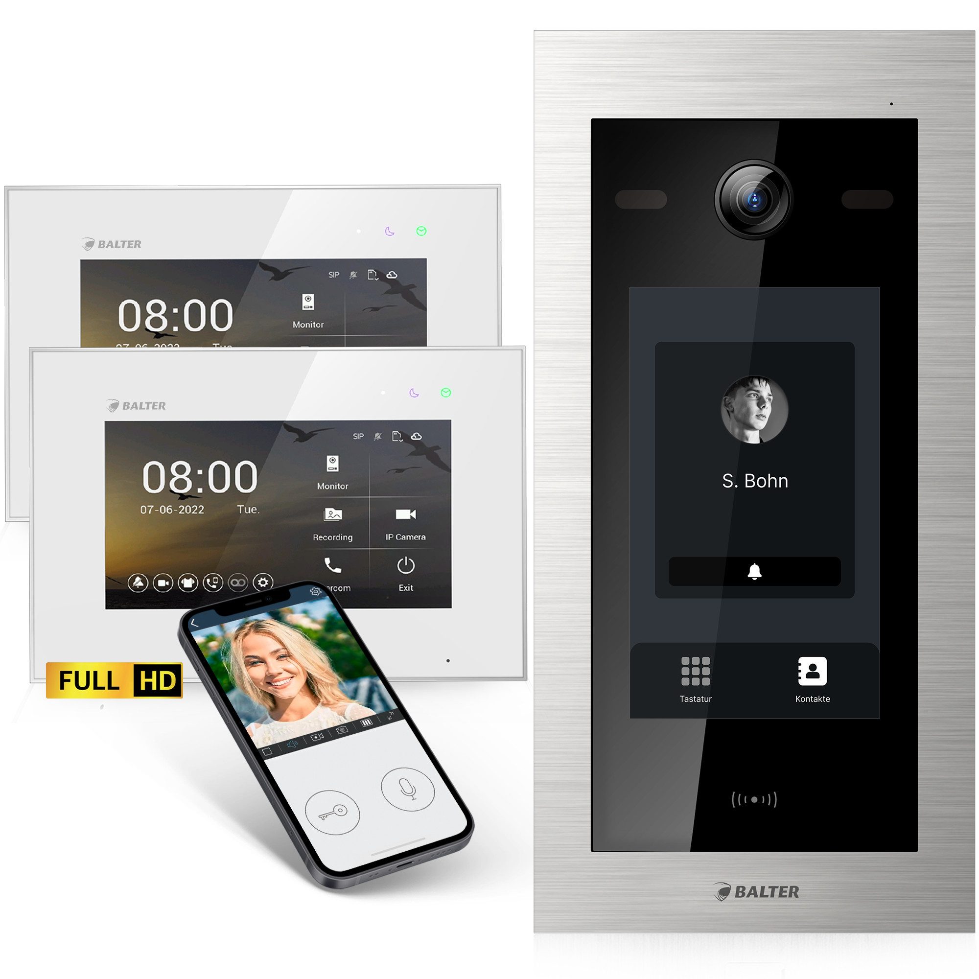 Balter Video-Türsprechanlage HD Video Türsprechanlage mit Touchscreen (Einfamilienhaus, Komplettset, 8-tlg., Touch Display, 175 Grad Weitwinkel, Full HD, RFID-Leser)