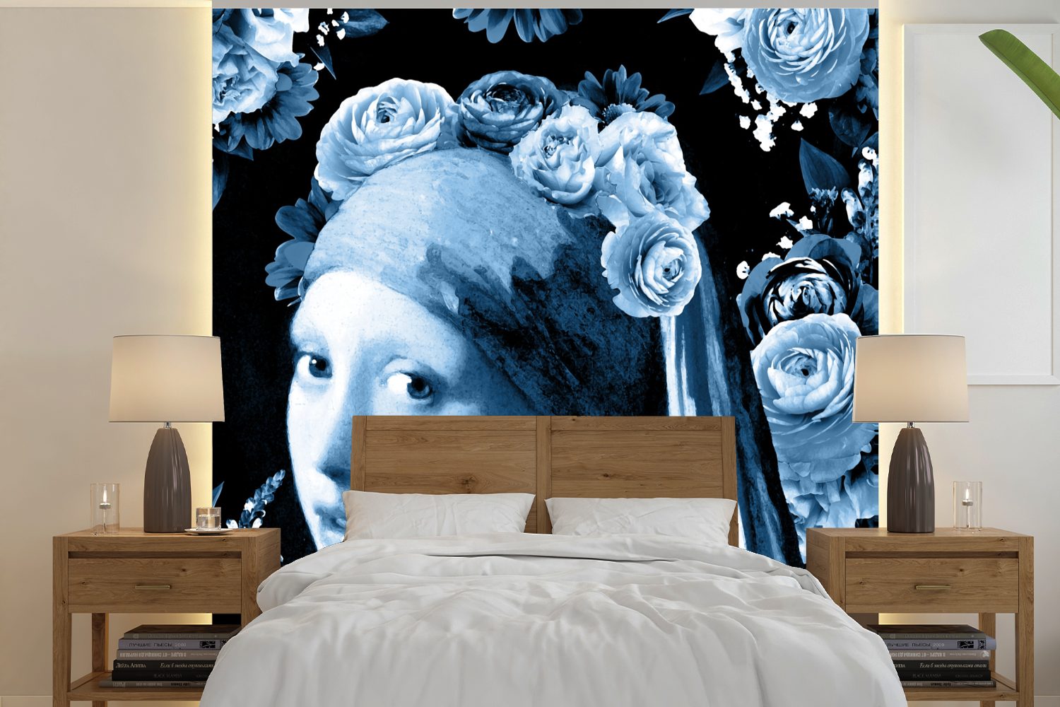 einem Wandtapete Blau, Matt, (5 Schlafzimmer, St), MuchoWow bedruckt, Rosen Mädchen Vinyl - für - oder Perlenohrring Fototapete mit Wohnzimmer Tapete
