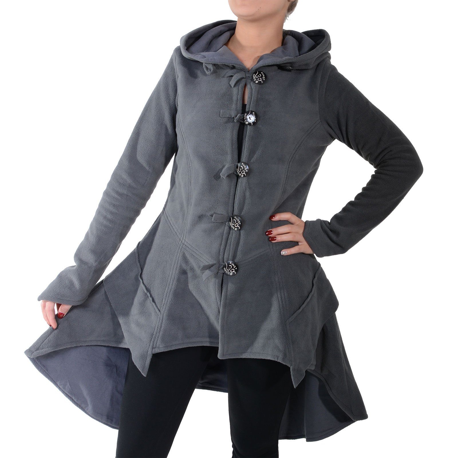 Langjacke Kunst&Magie Damenmantel Fleece+Kapuze Boho Gehrock Jacke Fleecejacke