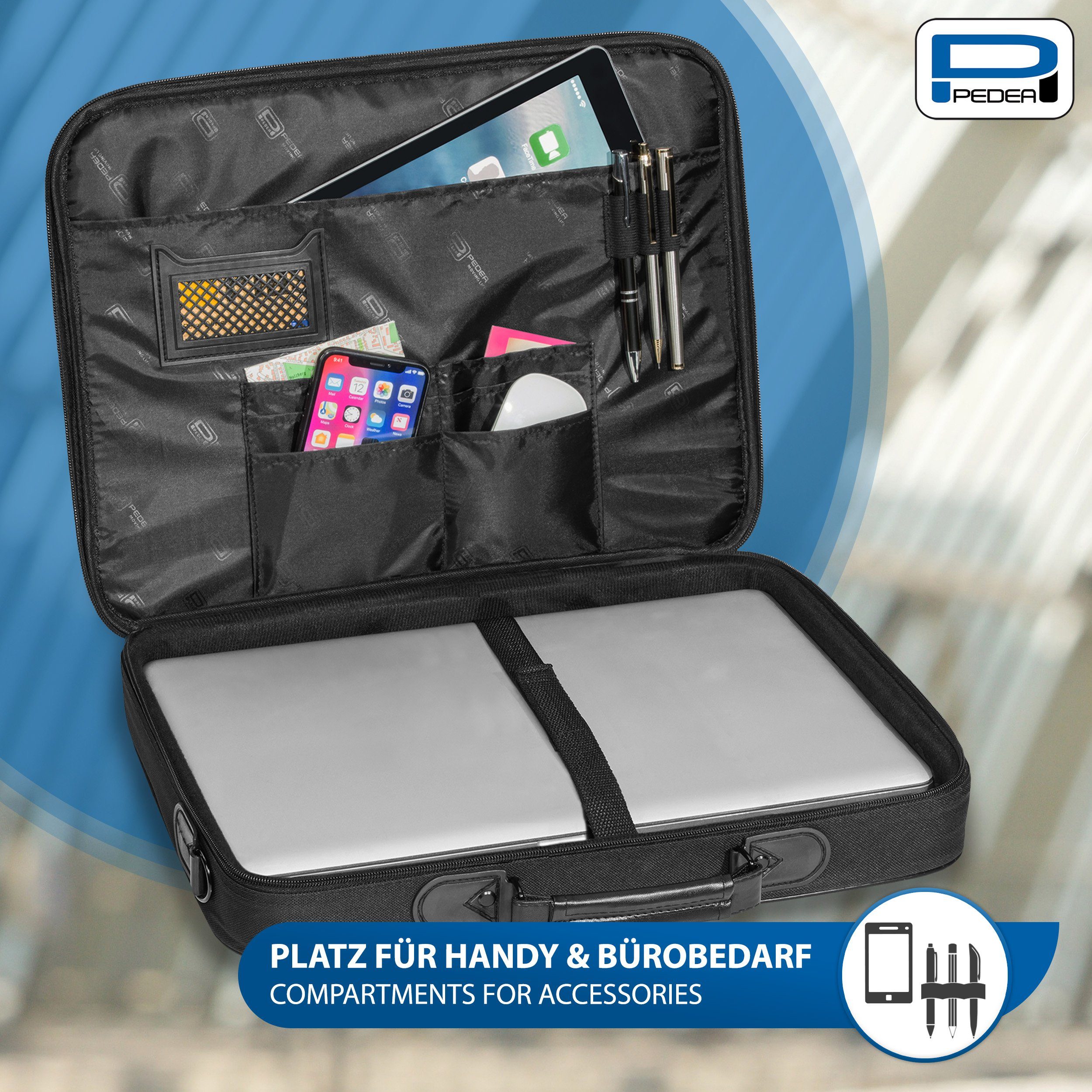 PEDEA Laptoptasche Notebooktasche mit Schutzrahmen 13,3 / 15,6 / 17,3 / 18,4 / 20,1 (Laptopfach ca. 33 x 24,5 x 4,5cm), für 13,3 - 14,1 Zoll (33,8 - 35,81 cm) Schutzrahmen und Schultergurt