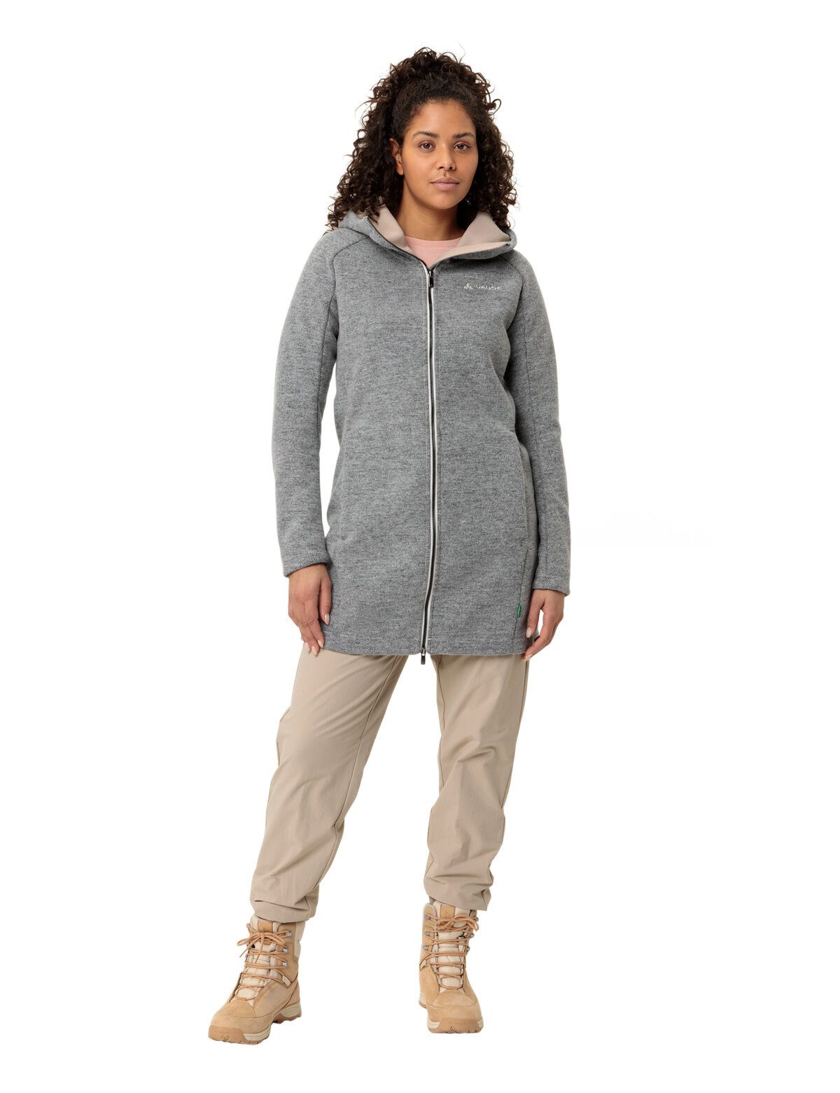 VAUDE Strickfleecejacke WOMEN'S TINSHAN COAT III für den modernen Alltag und Wandern, mit Kapuze, hoher Stehkragen