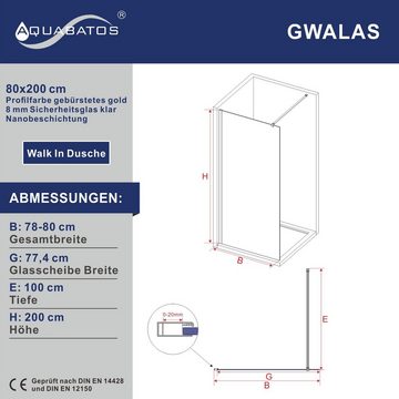 AQUABATOS Walk-in-Dusche Walk in Dusche Duschwand Glas Trennwand Duschabtrennung Duschkabine, 8 mm Einscheibensicherheitsglas, goldenes Profil, inkl. Nano Beschichtung, mit variablem Verstellbereich