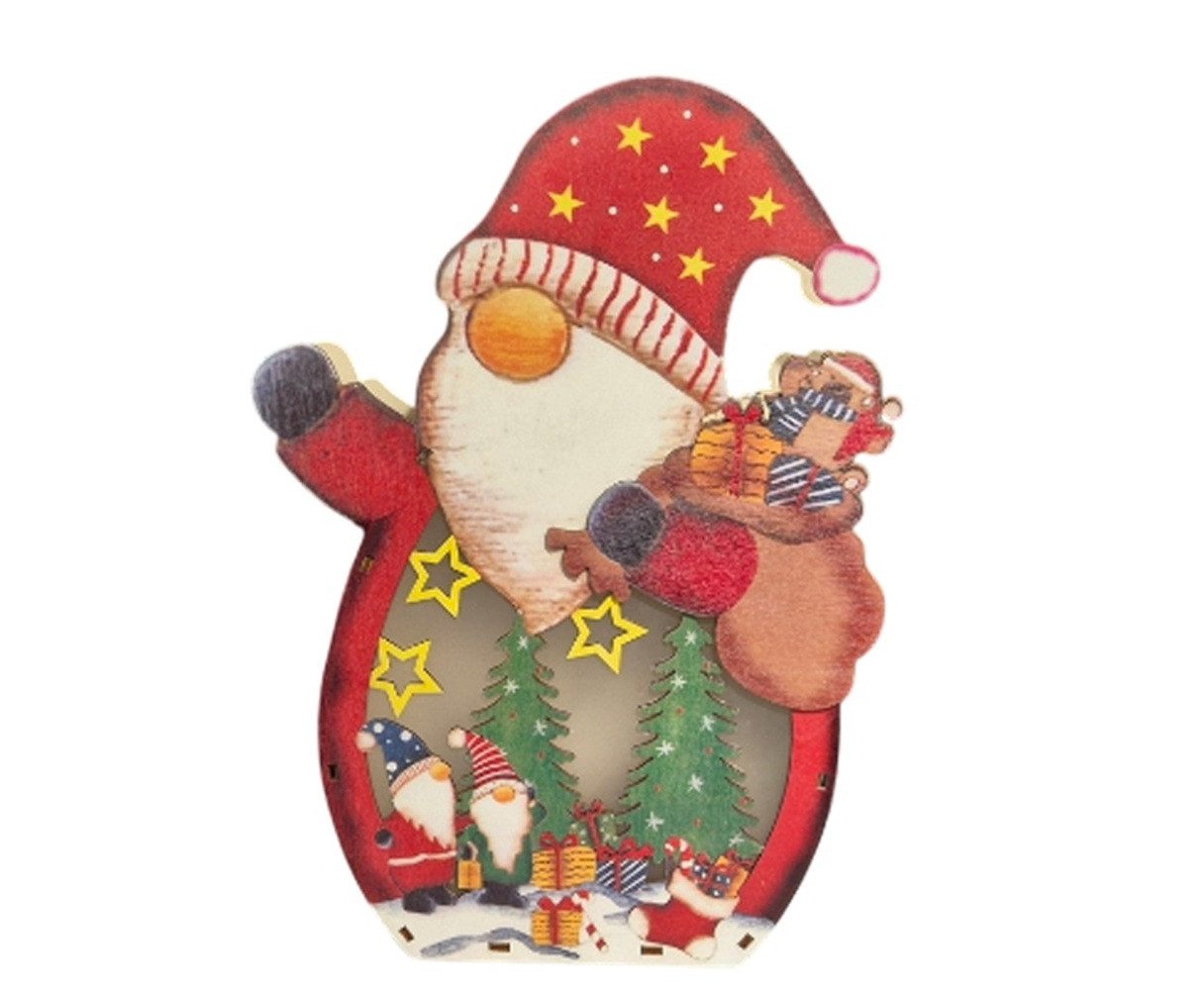 Kaladia Dekoobjekt beleuchtete Dekoration - Weihnachtsmann - mit LED - aus Holz, mit winterlicher Szene im Bauchbereich - für festliches Ambiente