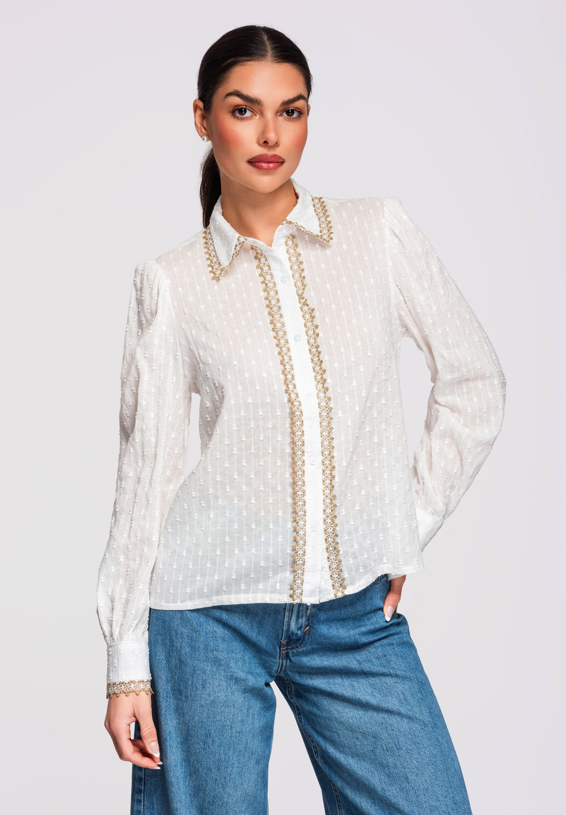 OMBRE Langarmhemd Damenbluse aus Baumwolle mit feiner Dobby-Struktur