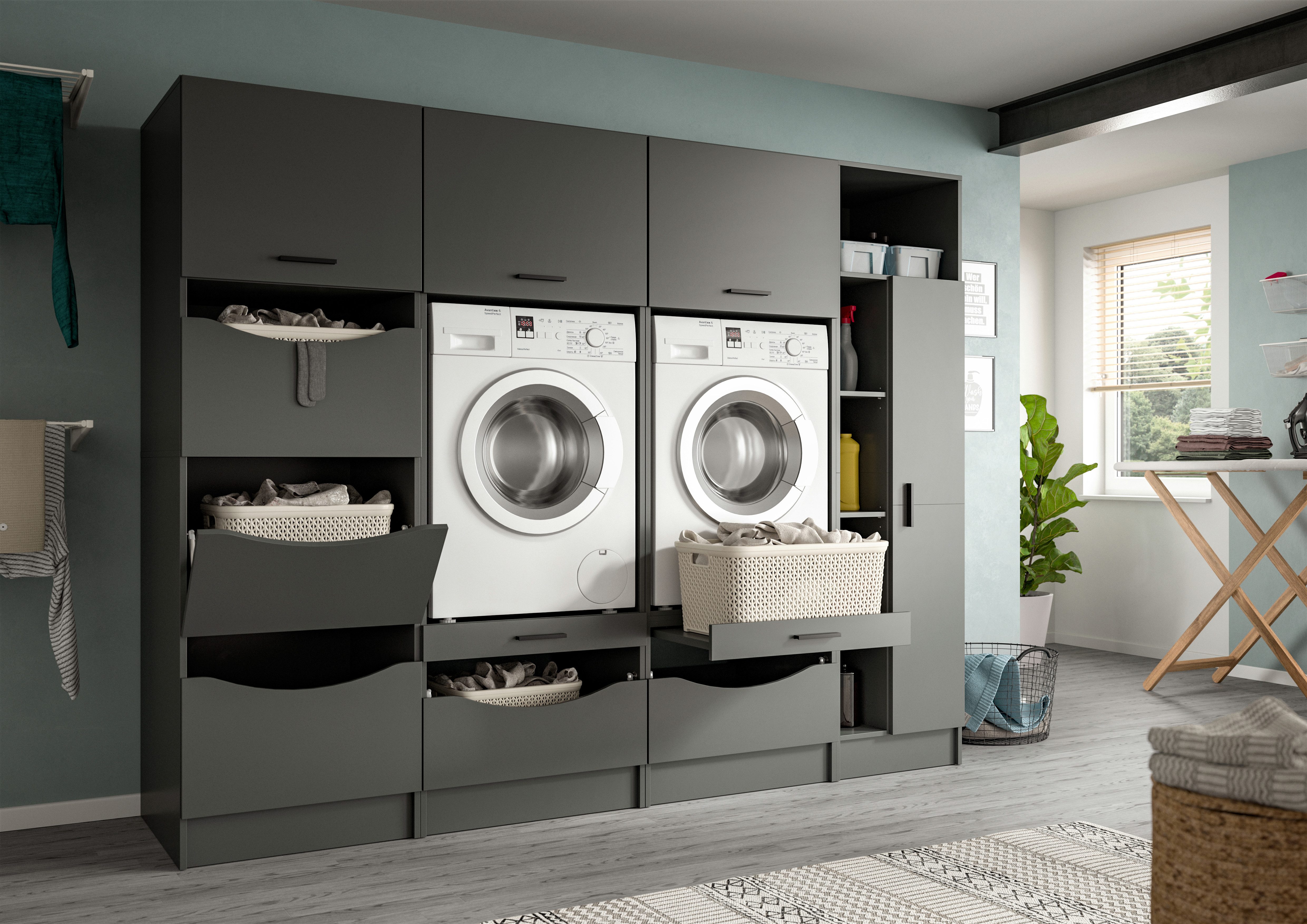 welltime Mehrzweckschrank-Set FALAS, 4-teilig, Hauswirtschaftsraum Set, Breite 242 cm, (Set, 4-St., 2x Waschmaschinenumbauschrank, 1x Wäscheschrank & 1x Mehrzweckschrank), Kombination, Waschmaschinenumbau, Waschmaschinenschrank, Wäschekammer