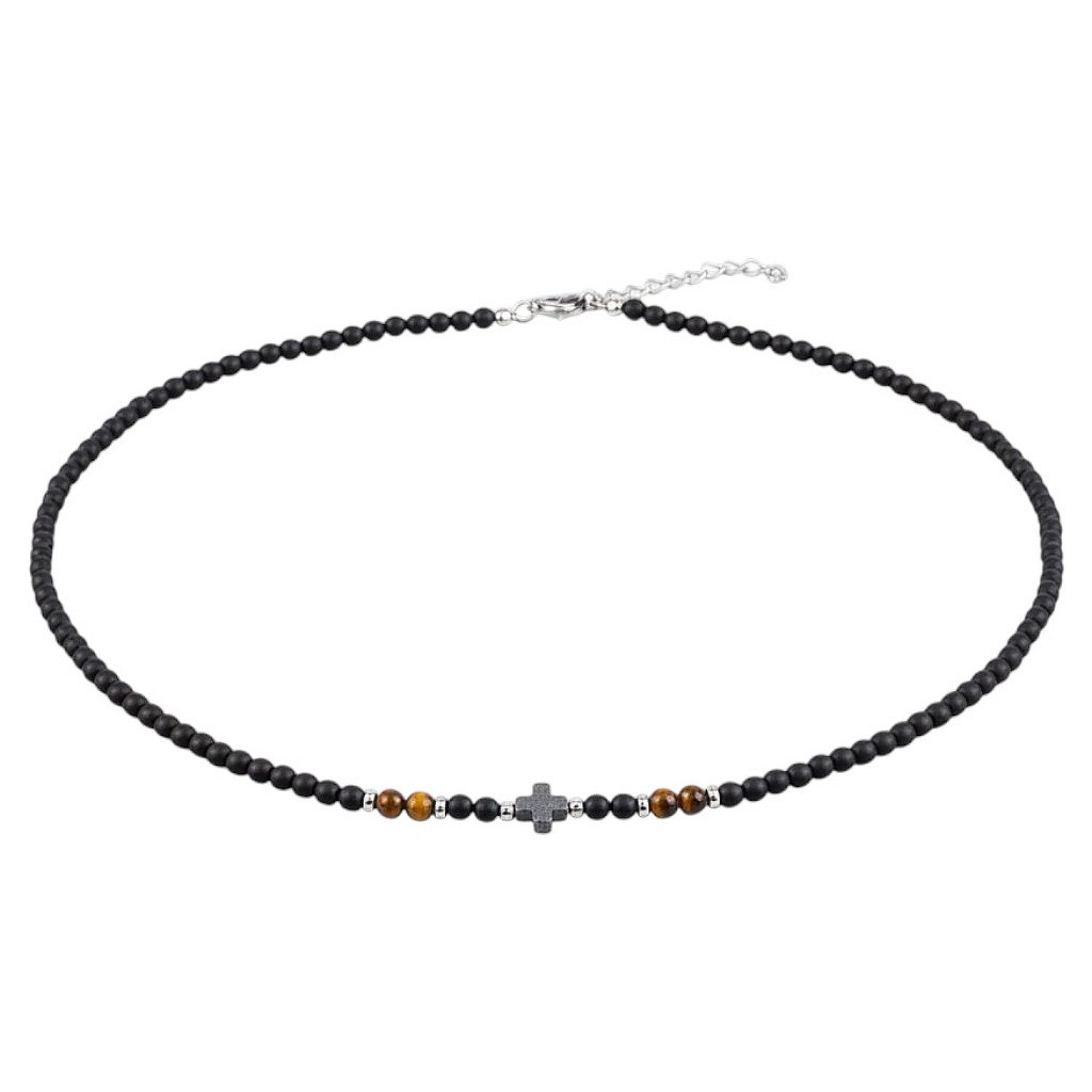 KARMA Perlenkette Halskette Damen Kreuz Schwarz Braun 43 cm Kette (1-tlg., verstellbar modern Damenhalskette Karabinerverschluss), Naturstein Glasperlen Perlen