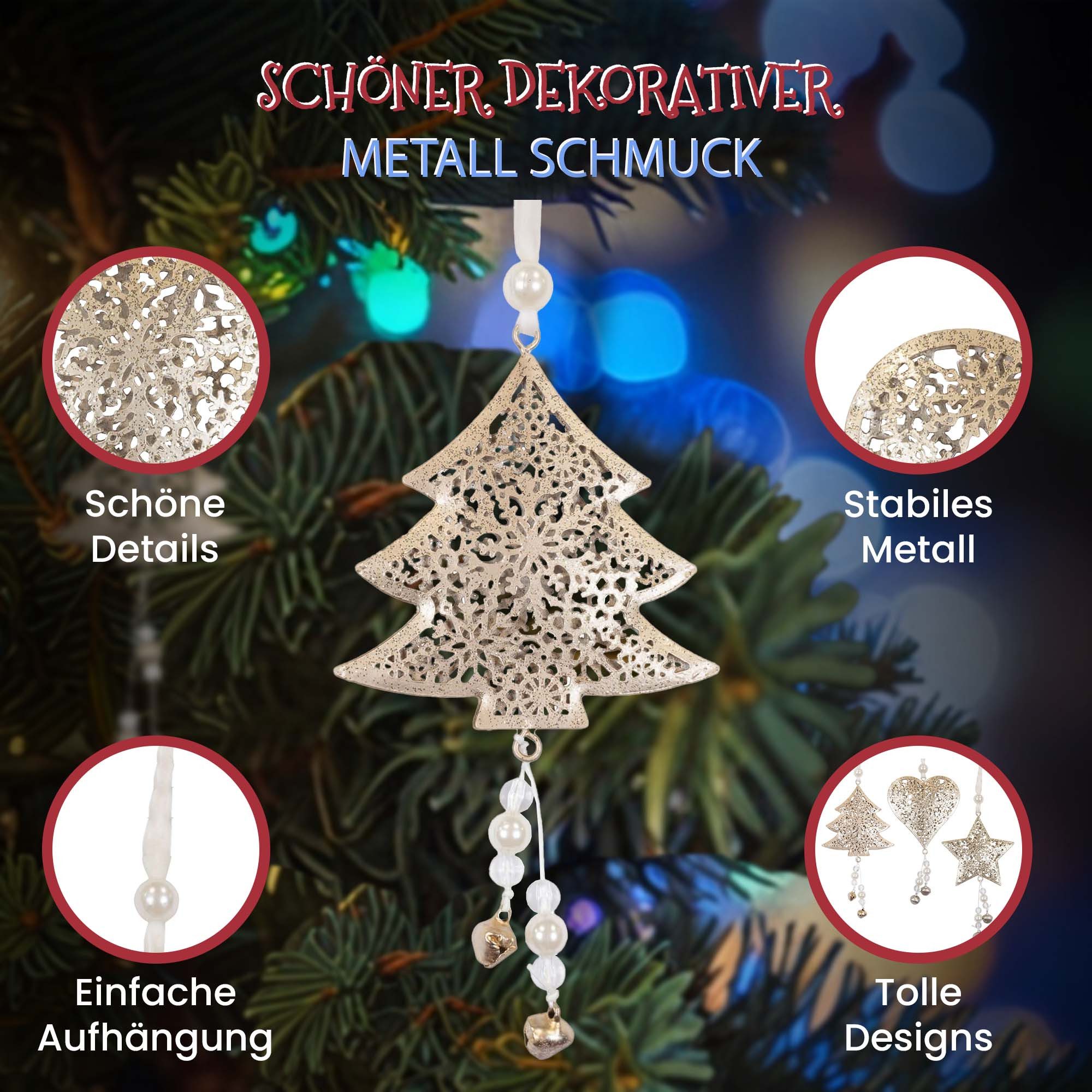Christmas Paradise Christbaumschmuck Baumschmuck Weihnachtsdeko Deko Anhänger Antik-Gold, Metall - Herz, Stern, Weihnachtsbaum - im 3er Set