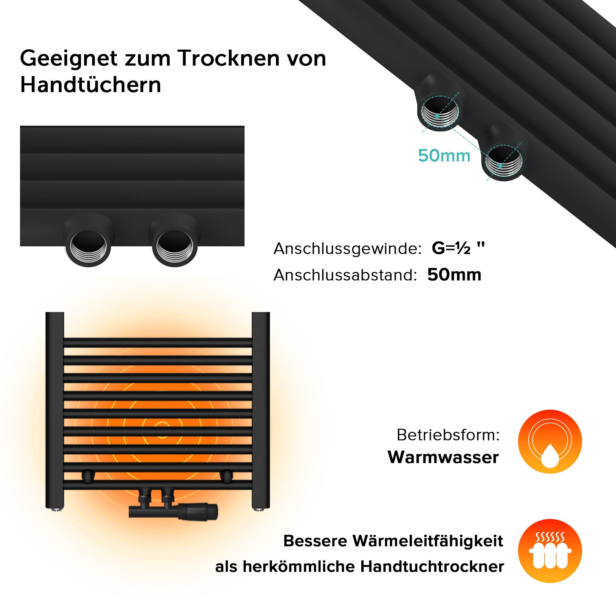 doporro Badheizkörper Mittelanschluss Seitenanschss Handtuchwärmer Röhrenheizkörper RHE, sehr angenehme Strahlungswärme – Bild 5 von 5