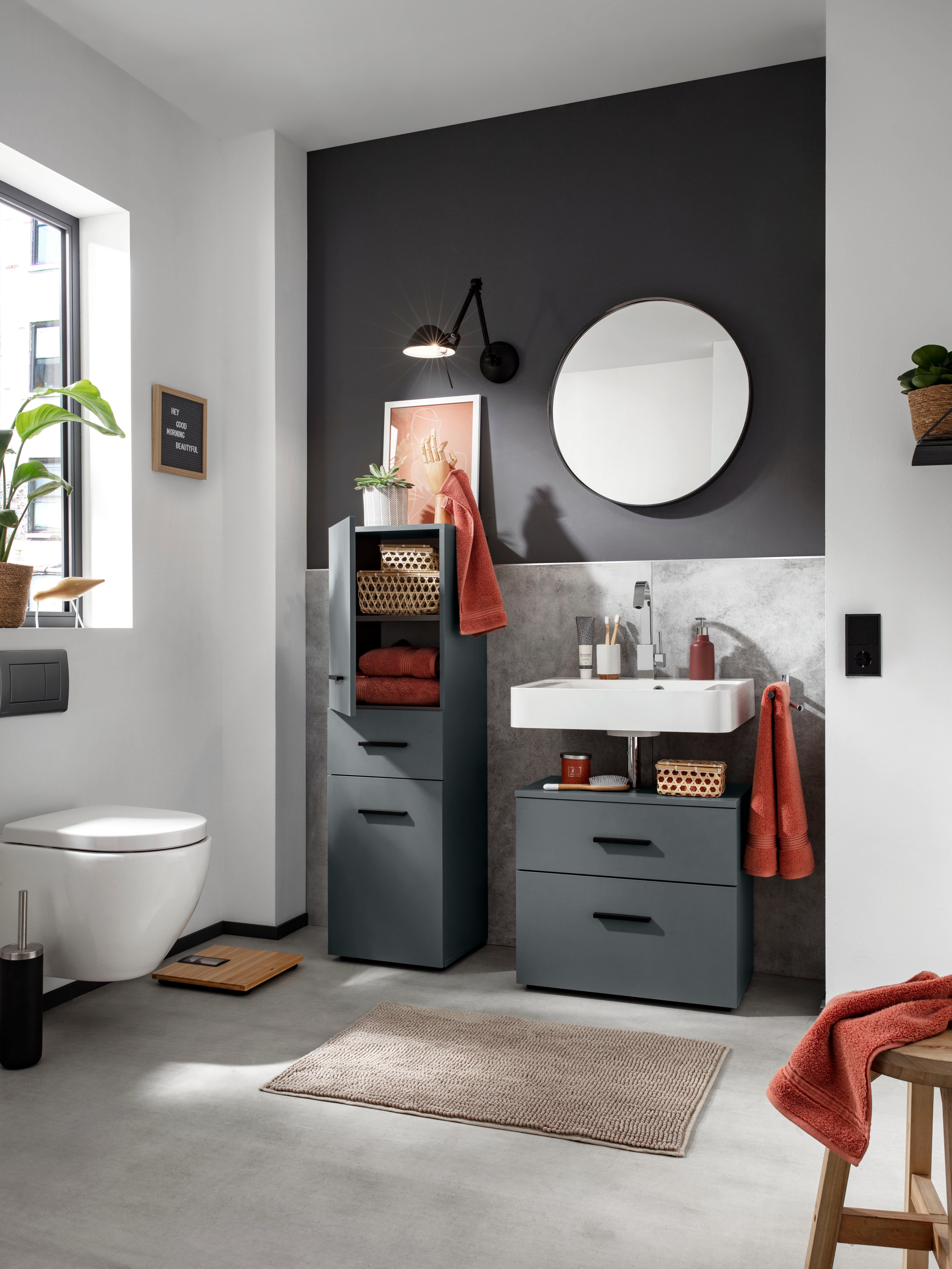 welltime Waschbeckenunterschrank Skara mit Klappe und Schubkasten, schwarze Griffe, Breite 60 cm, Höhe 55 cm – Bild 5 von 5