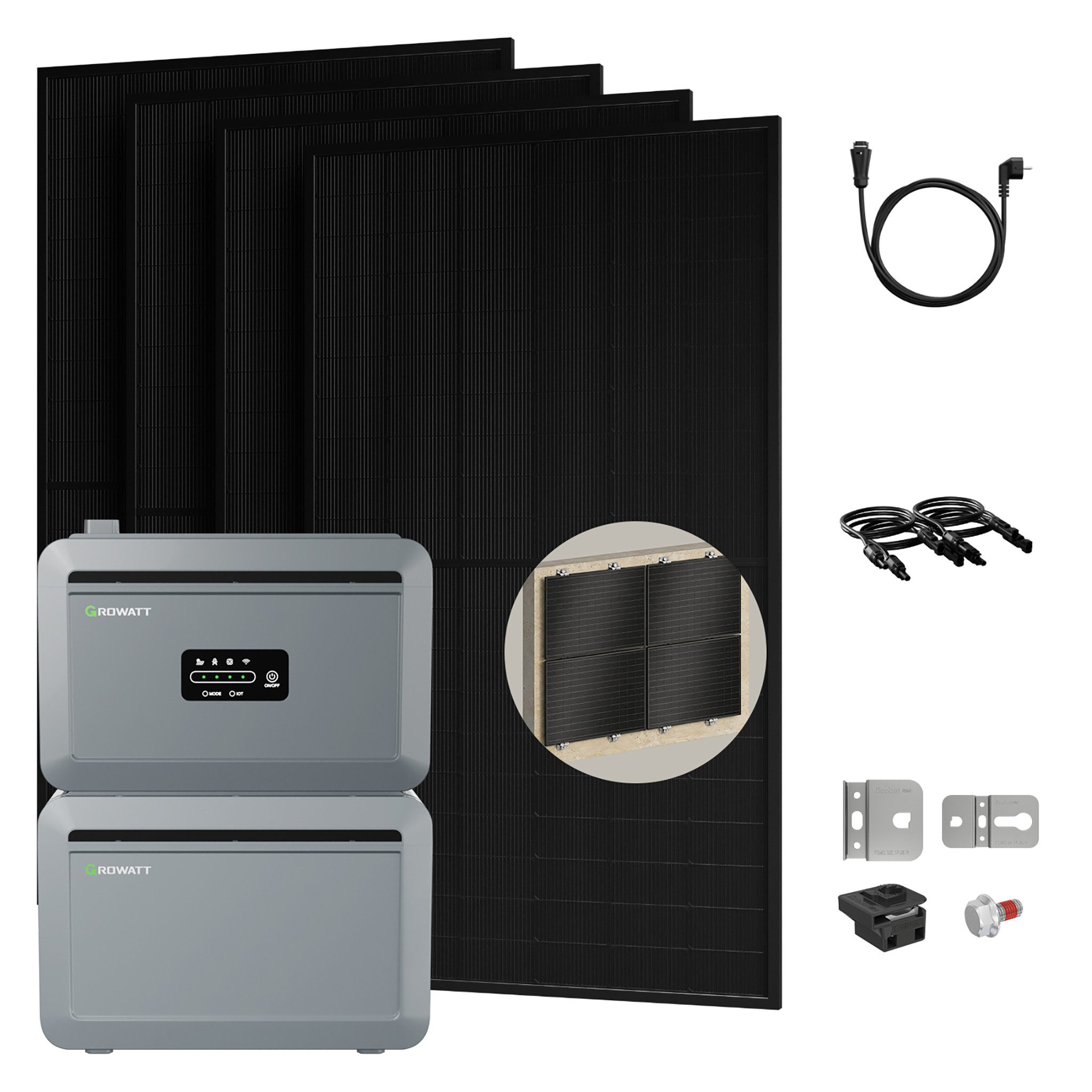 Growatt Balkonkraftwerk 2000W PV-Komplettset mit Growatt NEXA 2000 2048Wh Speicher, (inkl. 4×500W Solarmodulen und Fischer Fassadenhalterung, 1-2x Erweiterbarer Solarspeicher für mehr Eigenverbrauch (Optional), WiFi & Bluetooth-Unterstützung