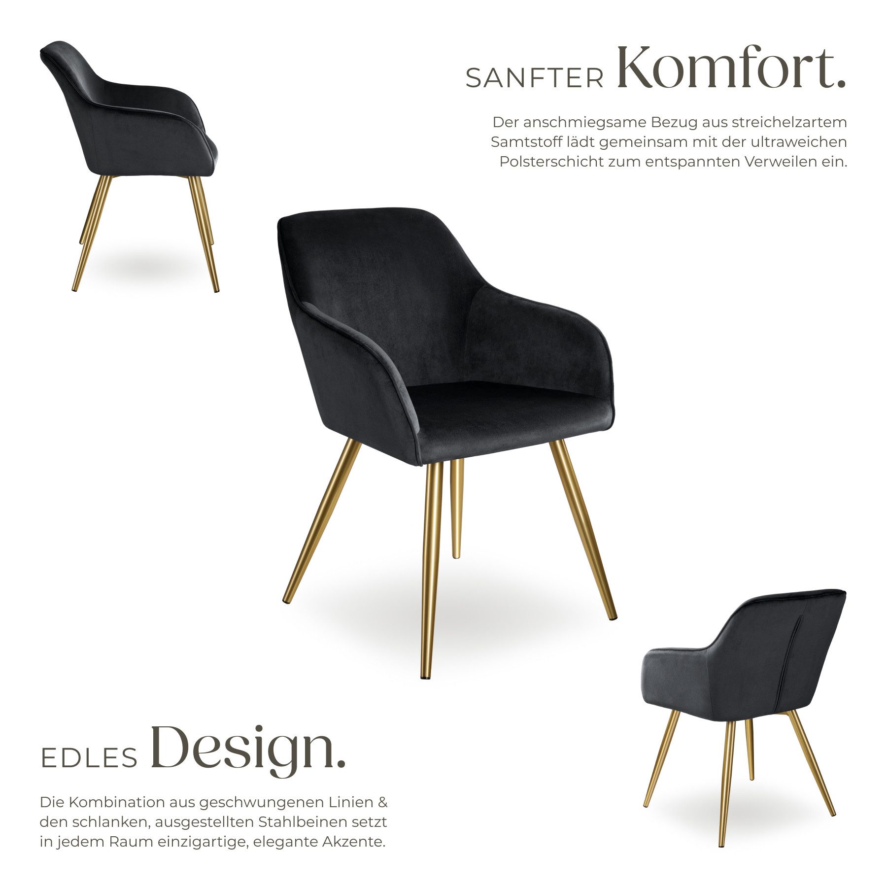 tectake Esszimmerstuhl Wohnzimmerstuhl gepolstert, in Samtoptik, 58 x 62 x 82 cm (Küchenstuhl Marilyn in schwarz/gold, 6 St), durchgehende Lehne, goldene Stahlb – Bild 3 von 5