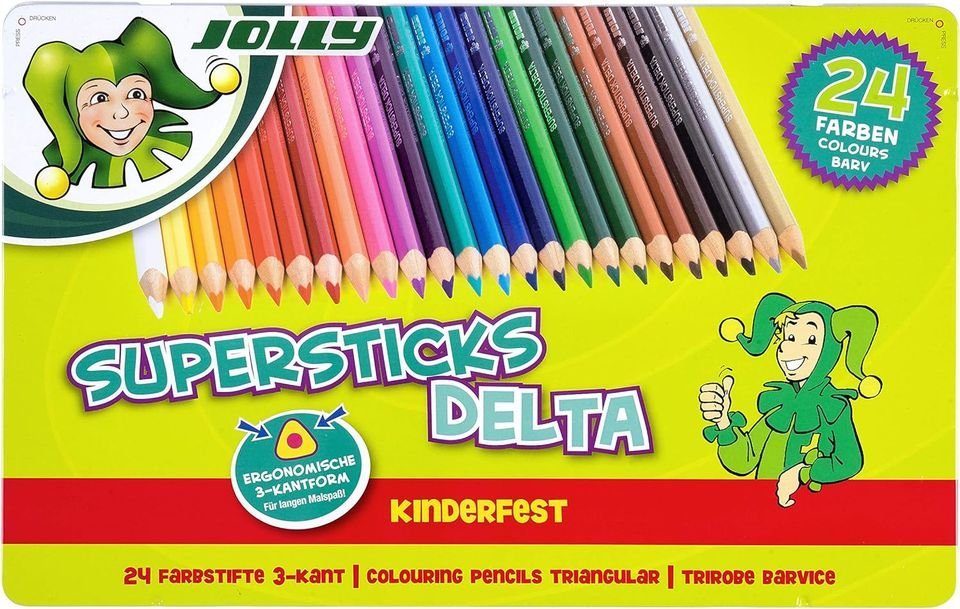 JOLLY Kreativset Supersticks Delta, 24 Buntstifte, (24-tlg), mit 3,8 mm  Dickkernmine und einem Stiftdurchmesser von 8 mm (von Kante zu Seite)