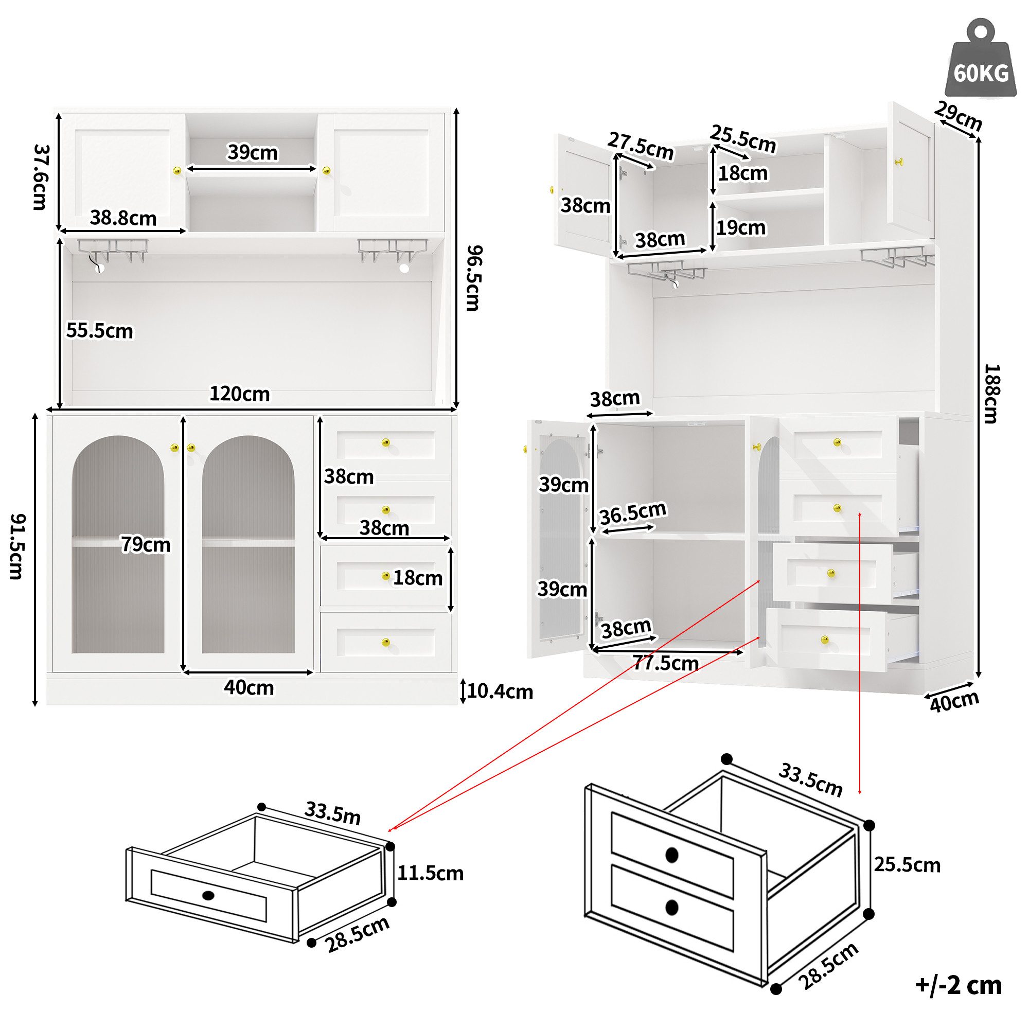 Celya Küchenbuffet Buffetschrank Landhausstil 120x40x188 cm mit LED-Lichtleiste (4 Türen, 3 Schubladen, Eingebaute Kippsicherung)