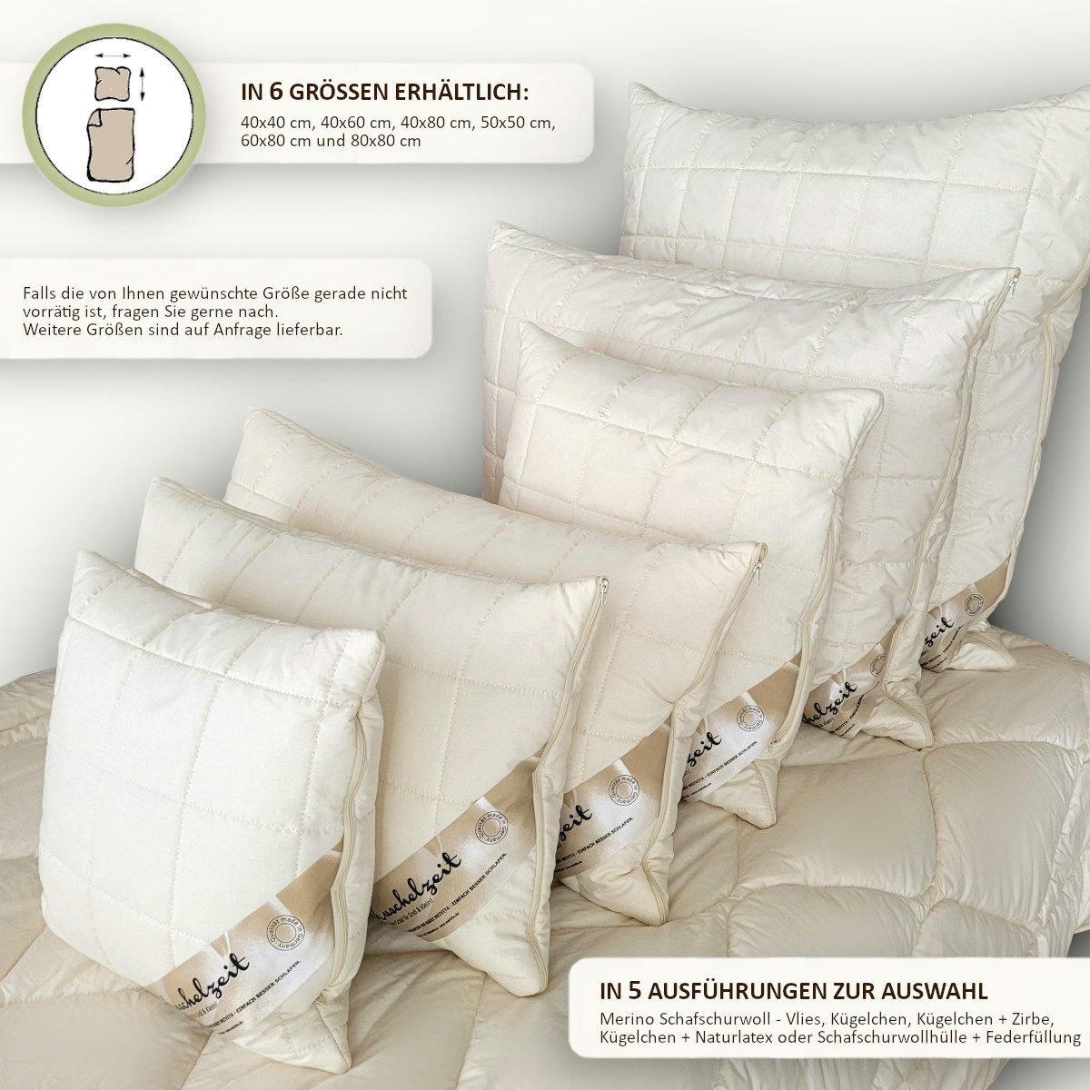 Meivita Naturhaarkissen Bio Merino Schafschurwollkugel Kopfkissen Bezug kbA und Füllung kbT, Füllung: 100% Wolle (Merino Schafschurwollkügelchen aus kontrolliert biologischer Tierhaltung), Bezug: 100% Baumwolle aus kontrolliert biologischem Anbau, Seitenschläfer, Rückenschläfer, Bauchschläfer, Kissen hergestellt in Deutschland