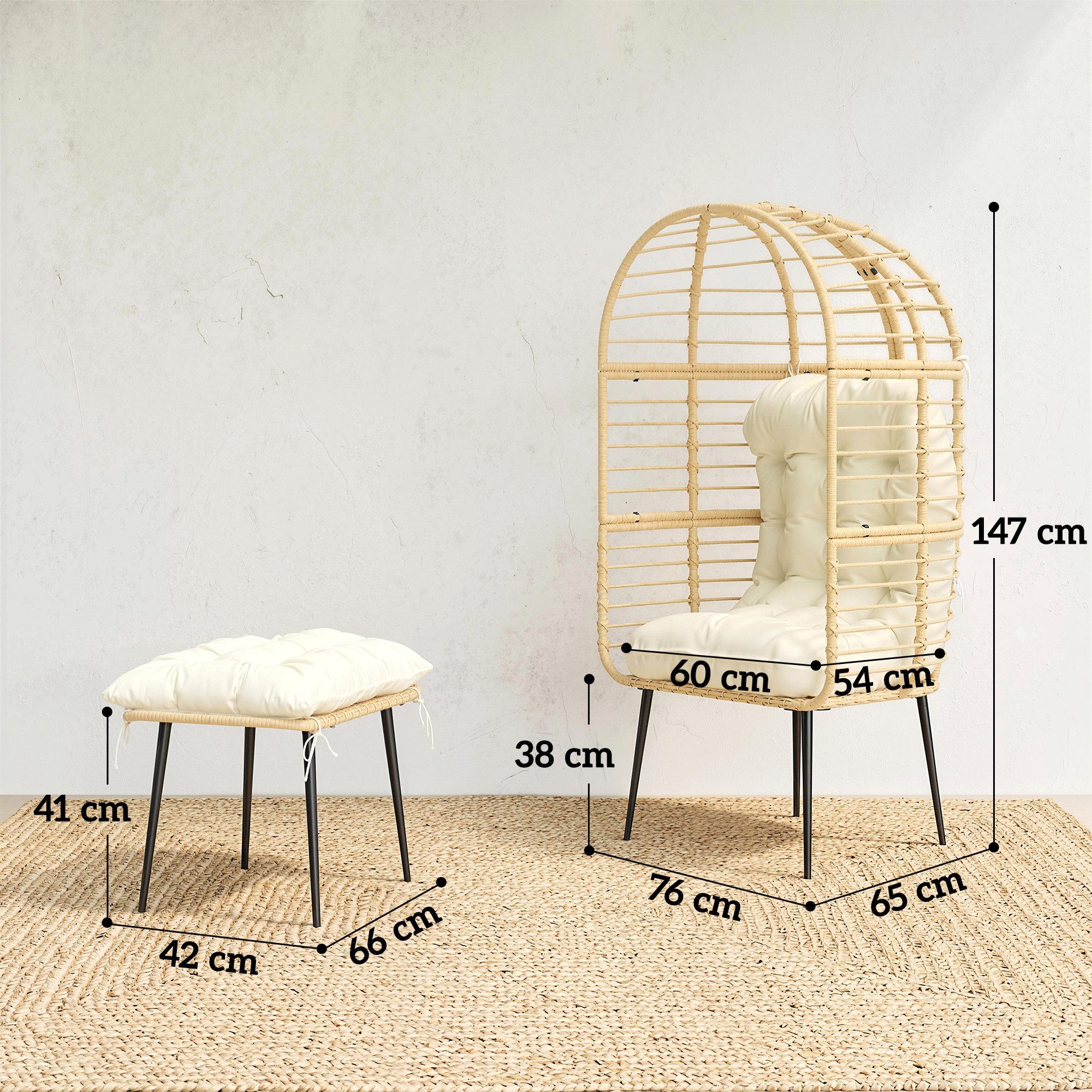 Outsunny Rattanstuhl Hocker Korbsessel mit langen & dicken Kissen Metallrahmen (Gartensessel, 2 St), für Wohnzimmer Garten Balkon Terrasse Beige