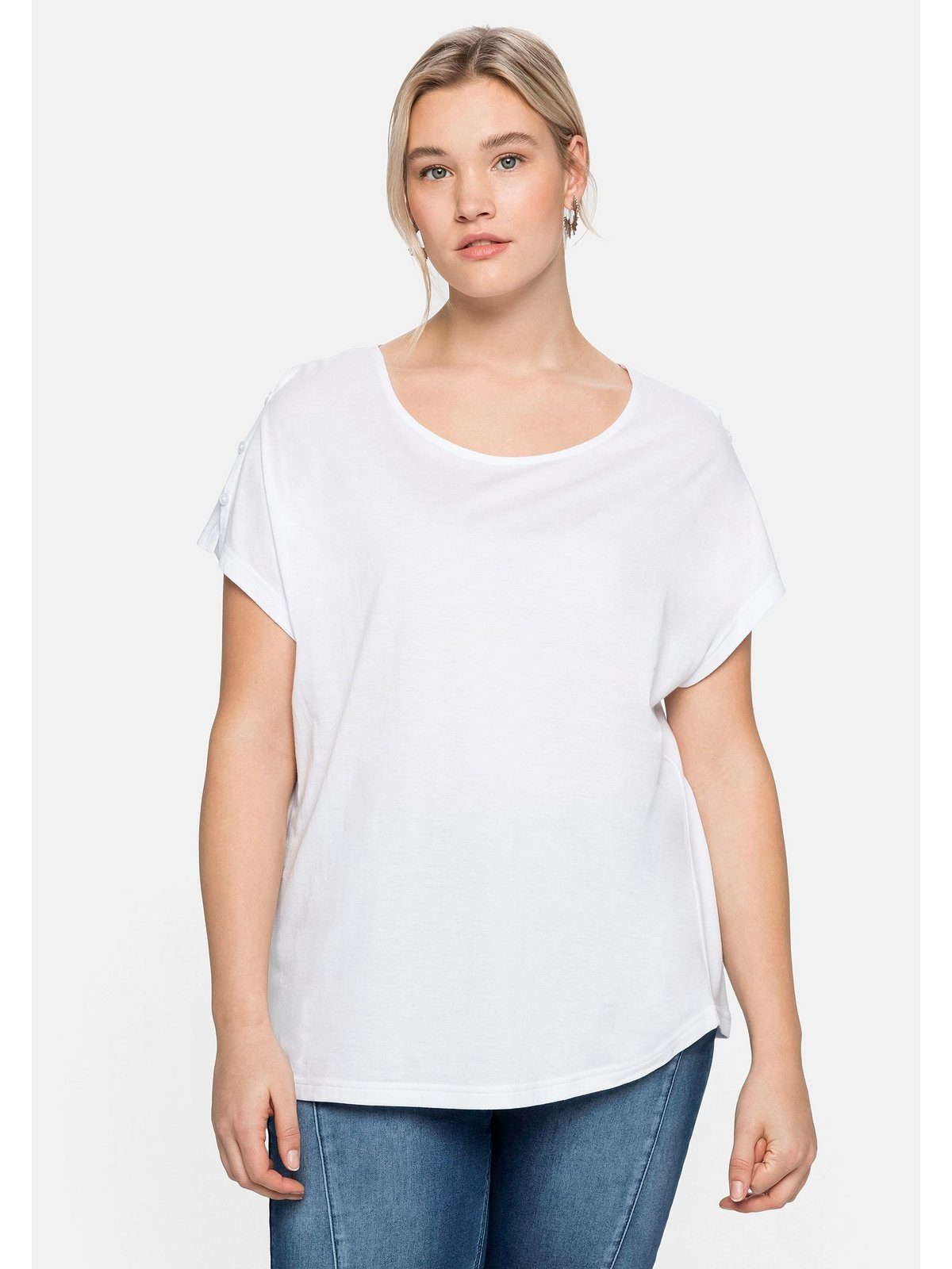 offener A-Linie T-Shirt in weiß Schulterpartie, Größen Große leichter mit Sheego