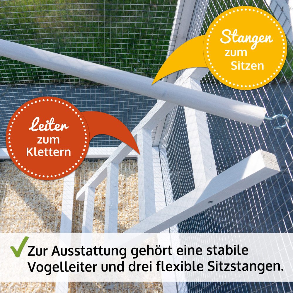 Zooprinz Vogelhaus Vogelvoliere Apollo aus wetterfesten Kiefernholz, Bitumendach, Kotschublade, Sitzstangen, 12 mm Maschenweite