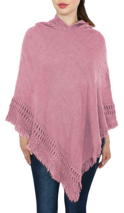 dy_mode Strickponcho Poncho Damen Strickponcho Umhang Cape Pullover mit Kapuze in Unifarbe, mit Fransen