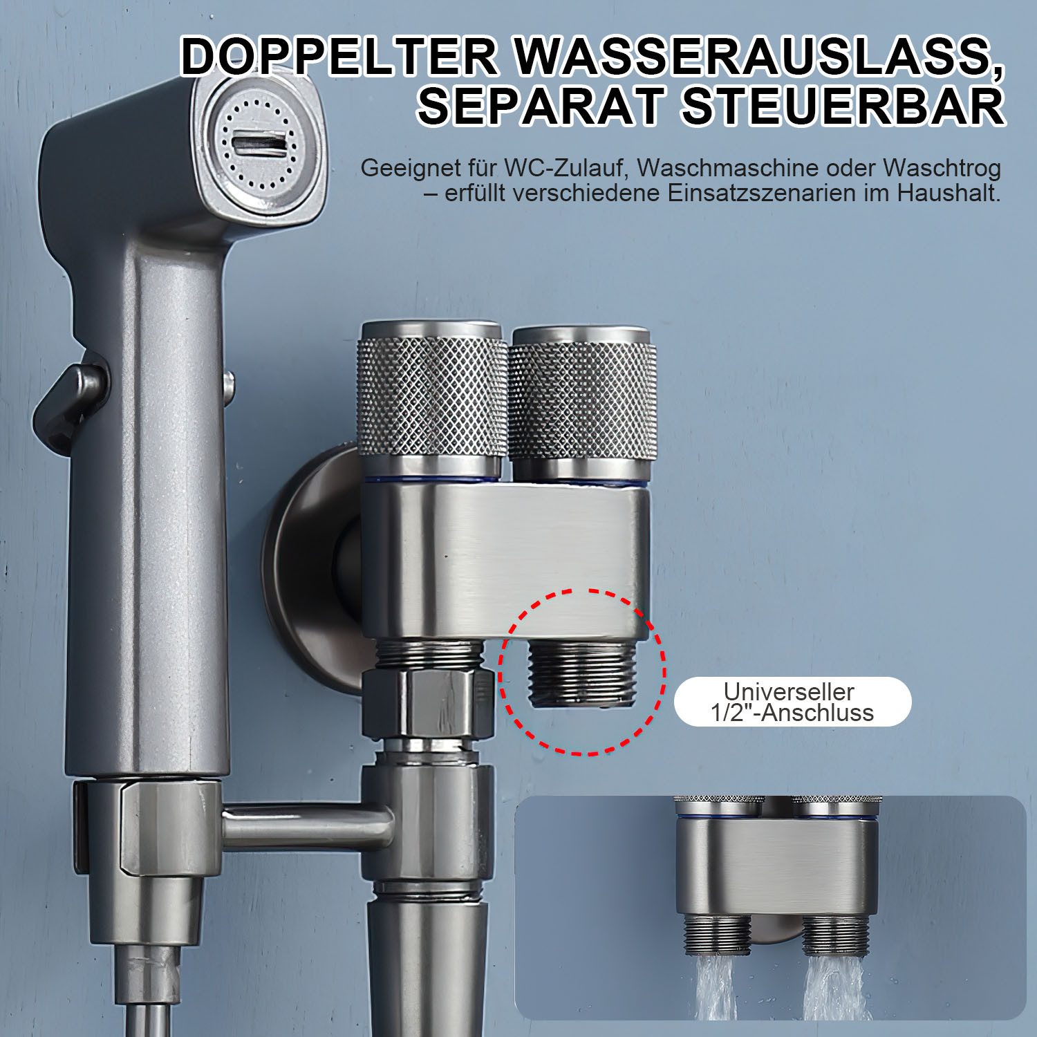 HEYHIPPO Hunde-Handbrause Edelstahl-Spritzpistole mit Doppel-Auslass, rostfreikraftvoller Druck, (Set, Korrosionsbeständige Bad-Spritzpistole, wandmontierbar un – Bild 5 von 5