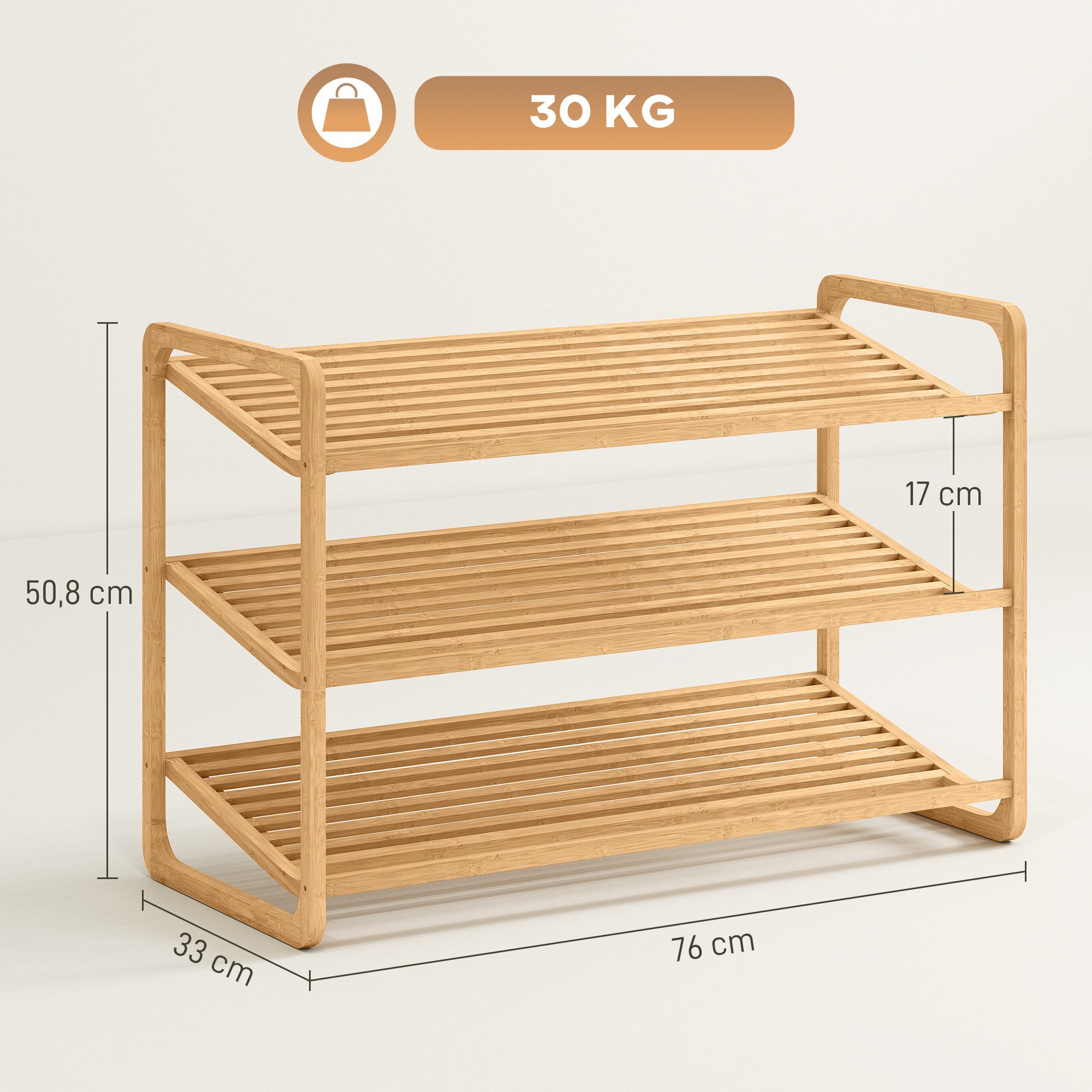 HOMCOM Standregal 3-stöckiges Schuhregal aus Bambus, freistehendes Aufbewahrungsregal für 12 Paar Schuhe 1-tlg., Schuhregalständer für Flur, Wohnzimmer, 76 x 33 – Bild 3 von 5