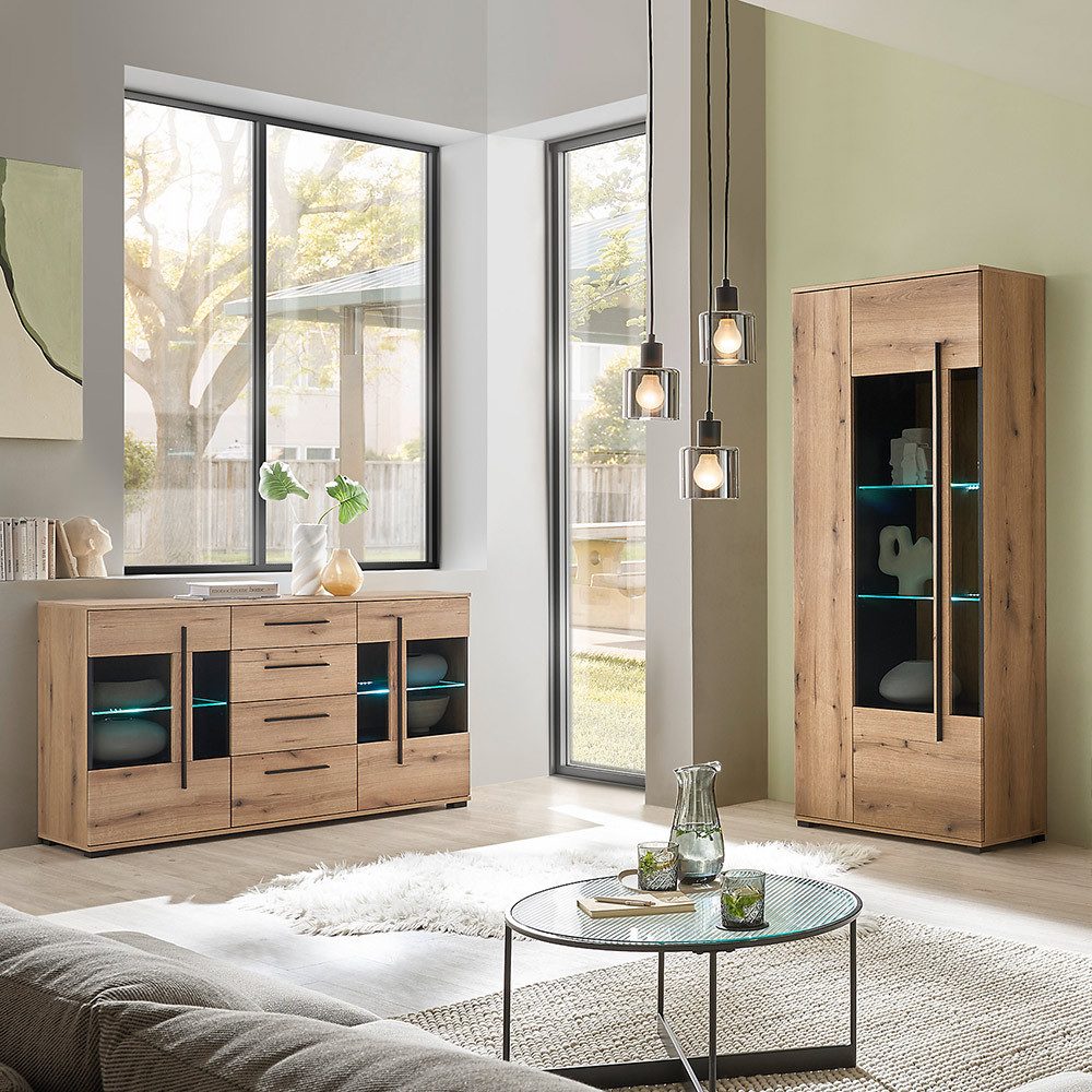 Lomadox Wohnzimmer-Set COLORADO-61, (Mega-Spar-Set, 2-St., Vitrine Sideboard), in Eiche mit LED Glasbodenbeleuchtung und Softclose Schubladen