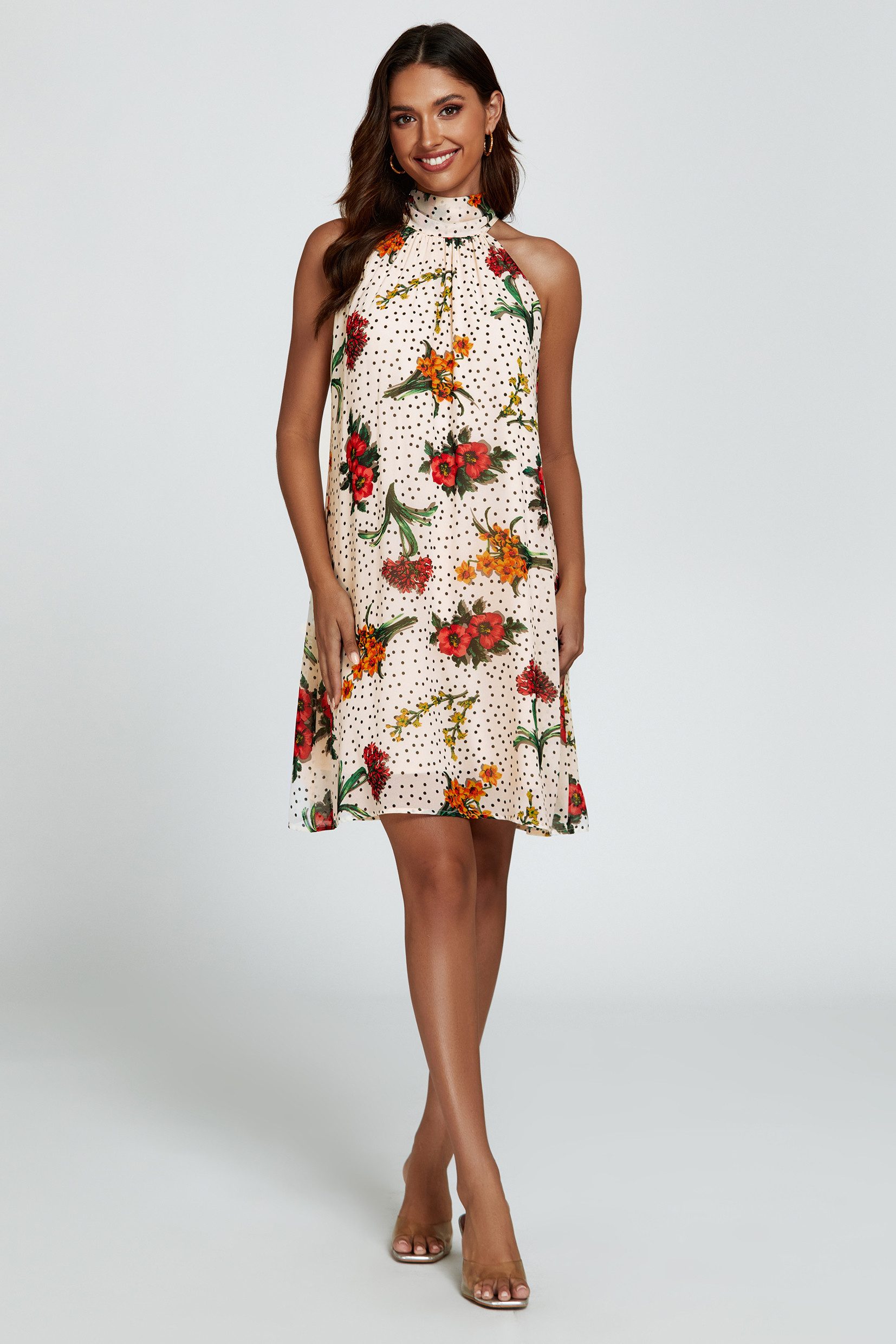 FS Collection Minikleid Damen Minikleid Neckholder Sommerkleid mit Bindeband (XS (EU:36 / UK:8) · S (EU:38 / UK:10) · M (EU:40 / UK:12) · L (EU:42 / UK:14) · XL (EU:44 / UK:16), 8 Farben) Neckholderdesign, Bindeband am Rücken, lockerer Fall, Allover-Druck