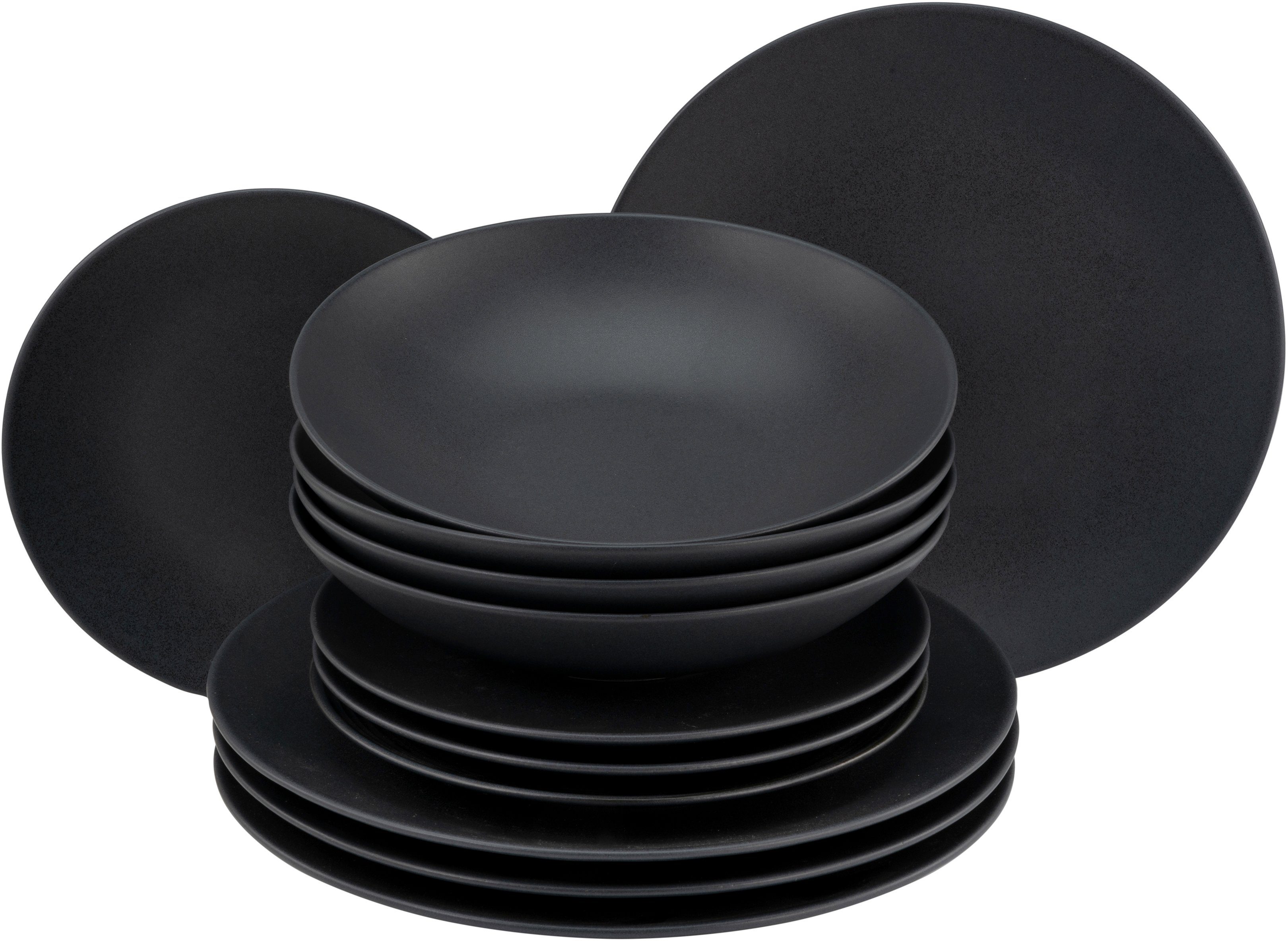 CreaTable Tafelservice Teller Set, Geschirr-Set Soft Touch Black (12-tlg), 4 Personen, Steinzeug, Service, schwarz, seidenmatte Glasur, 12 Teile, für 4 Personen