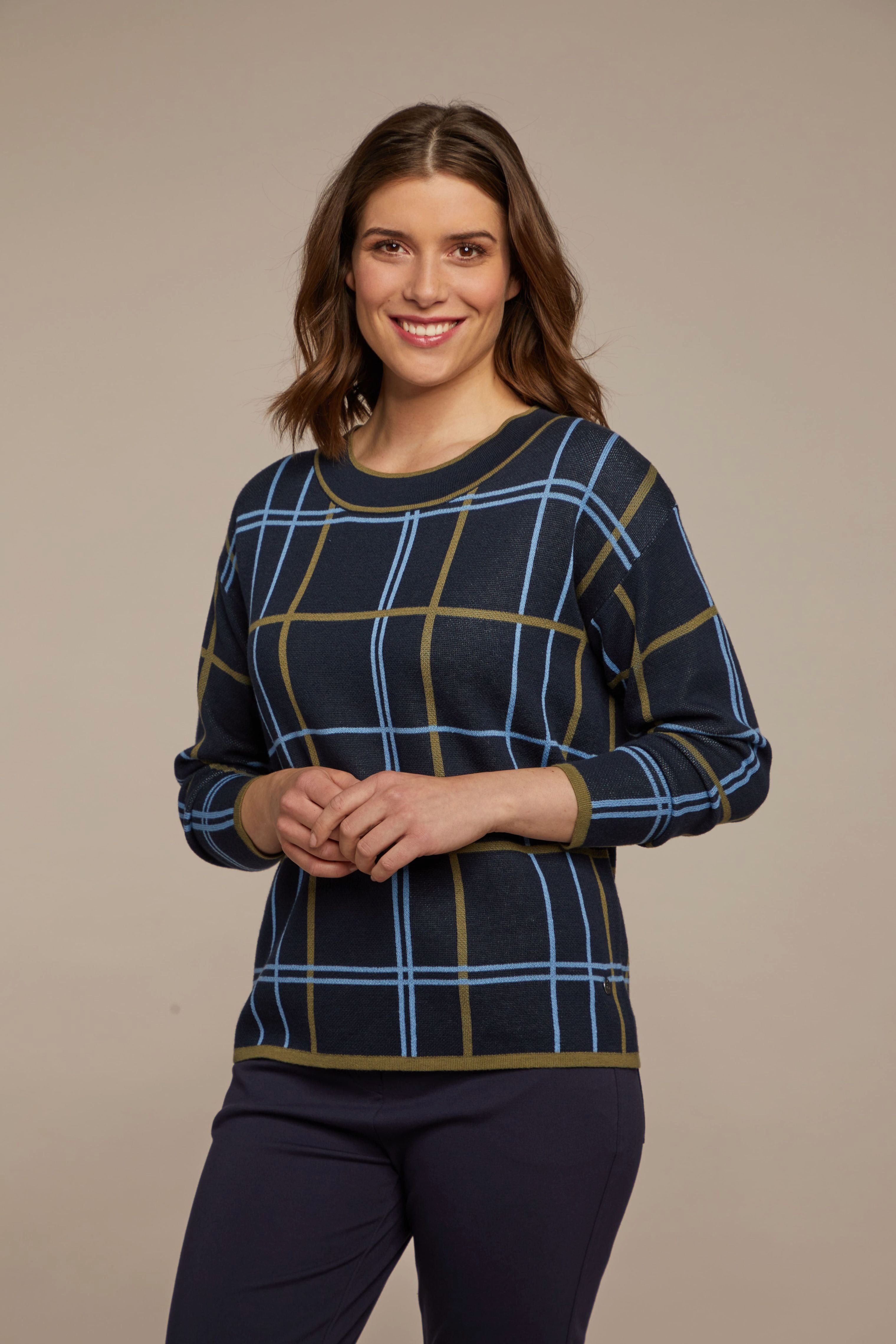 Hajo Rundhalspullover Damen Pullover mit Karomuster günstig online kaufen