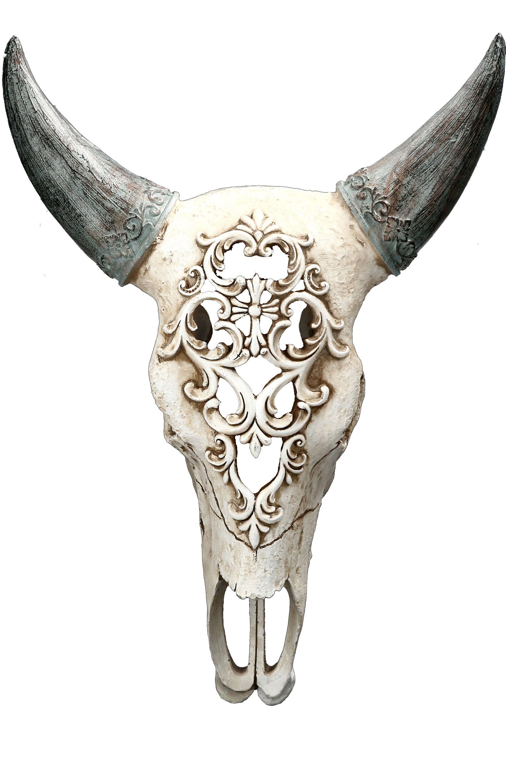 Figuren Shop GmbH Wanddekoobjekt Wandrelief - Bison Totenkopf mit Verzierung - Western Trophäe
