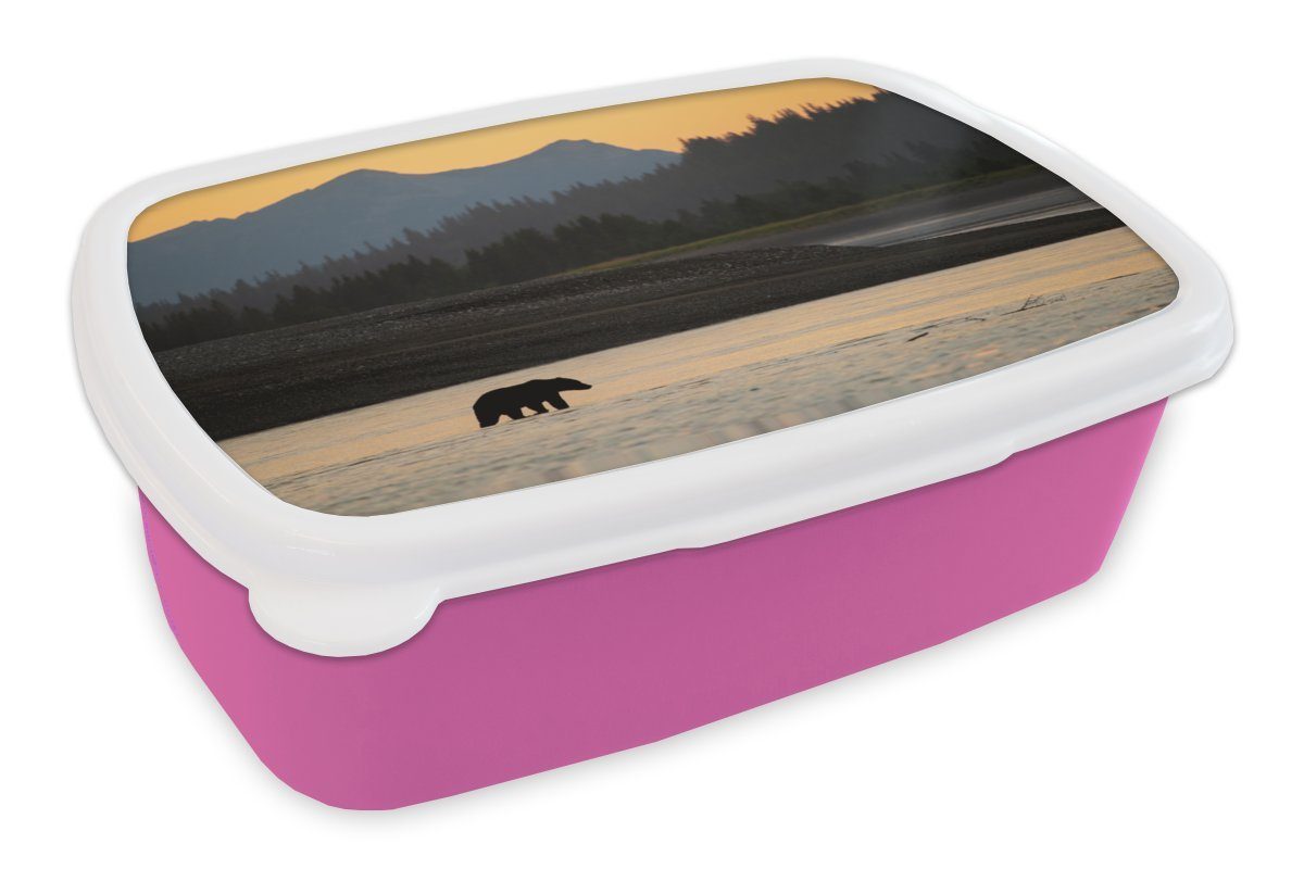 MuchoWow Lunchbox Wald - Bär - Himmel, Kunststoff, (2-tlg), Brotbox für Erwachsene, Brotdose Kinder, Snackbox, Mädchen, Kunststoff rosa