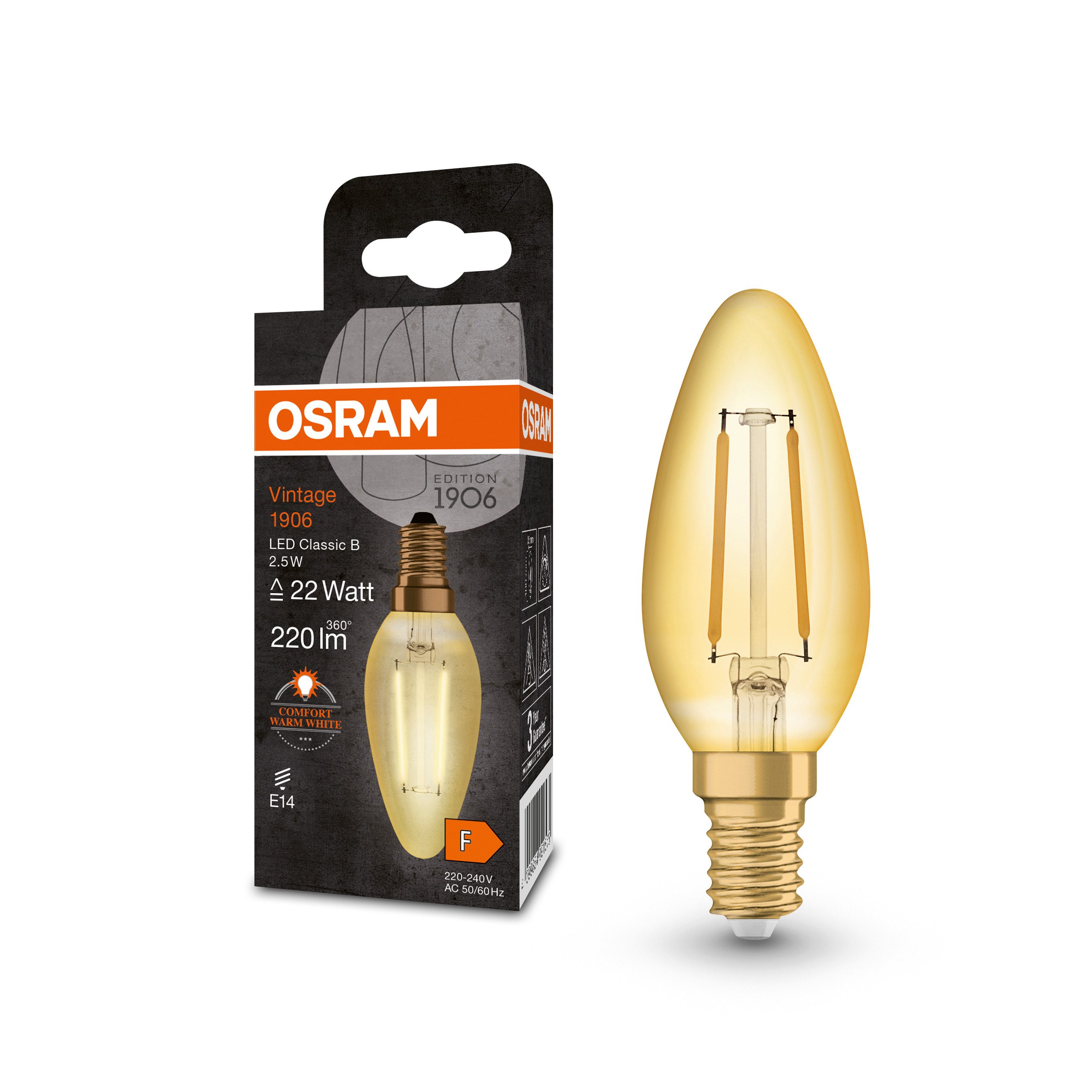Ledvance LED-Leuchtmittel Vintage 1906 Classic B 22 Filament 2.5W 824 Gold E14, E14, 1 St., Warm Comfort Light, Einfacher Austausch von Standardglühlampen