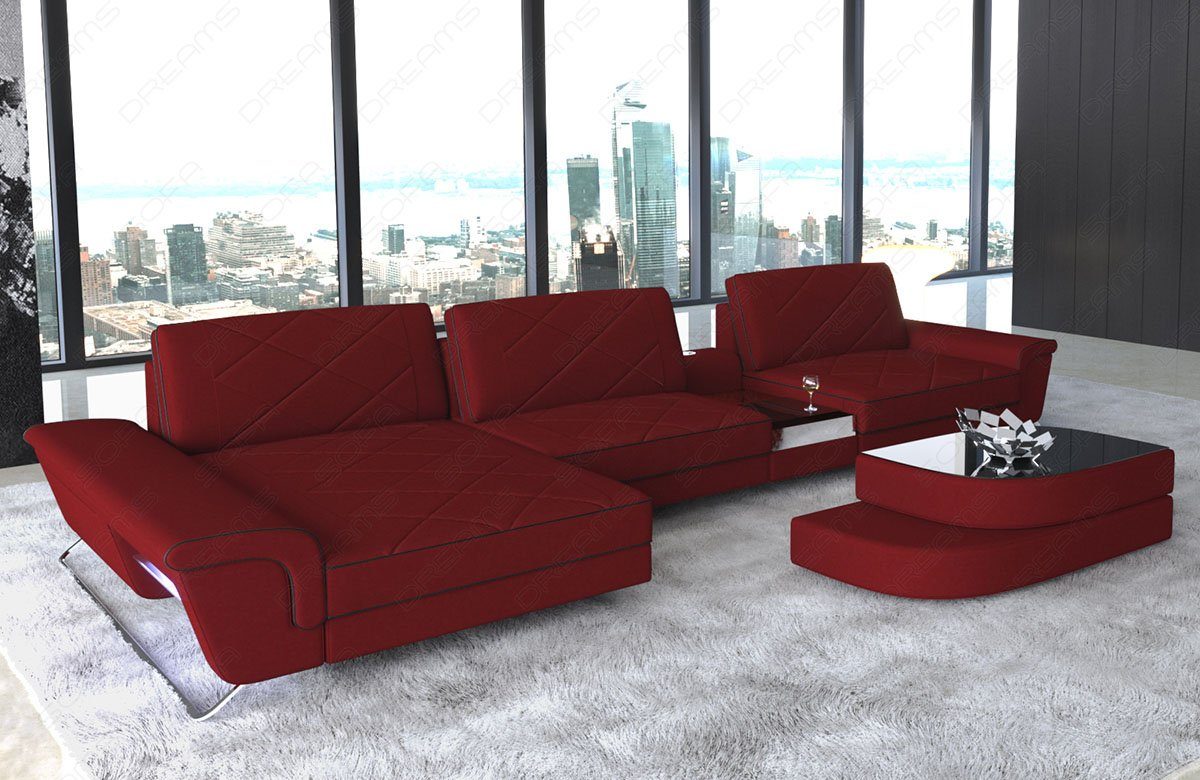 Sofa Bari Ecksofa mit Stauraum, LED, Stauraum, Stoff Designersofa Polstersofa USB_Anschluss, Couch Dreams Stoffsofa, L C98 Dunkelrot-Schwarz Form