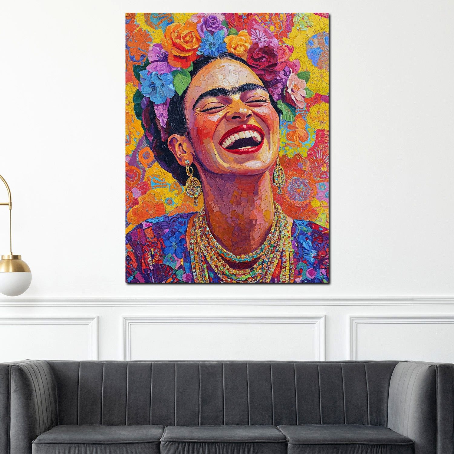 Artedinoi Leinwandbild Strahlende Frida mit Blumen Pop Art bunt Leinwandbil günstig online kaufen