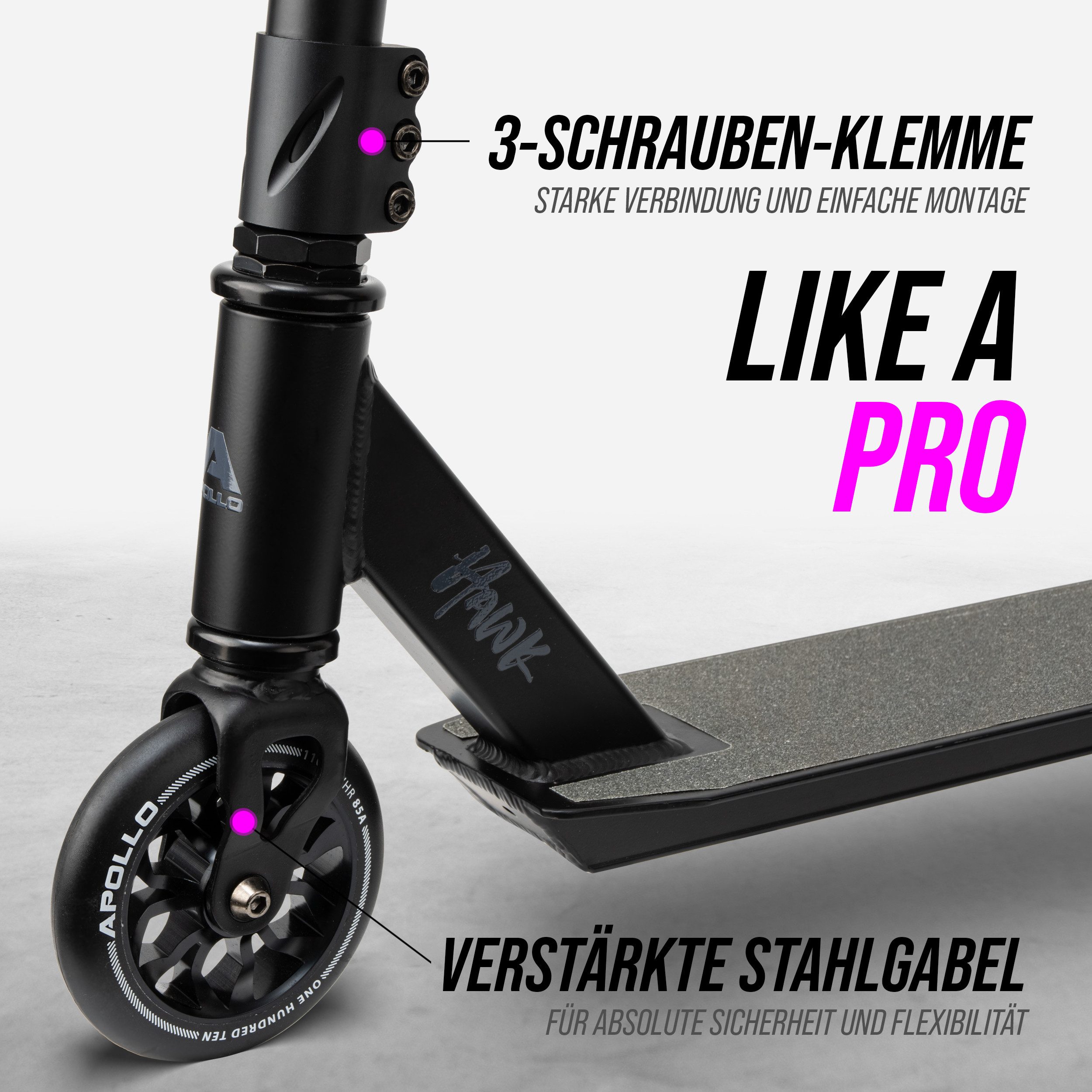 Apollo Stuntscooter Hawk - Scooter für Erwachsene, Jugendliche und Kinder ab 6 Jahren, extra breite Trittfläche & stabiler Lenker