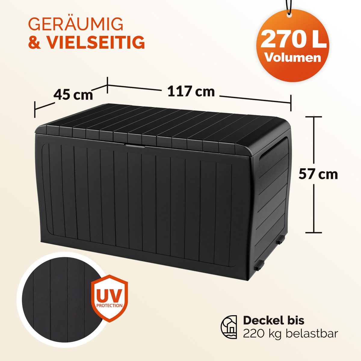Deuba Auflagenbox Marvel Plus, Auflagenbox 270L UV-beständig Haltegriffe Rollen Kissenbox Anthrazit