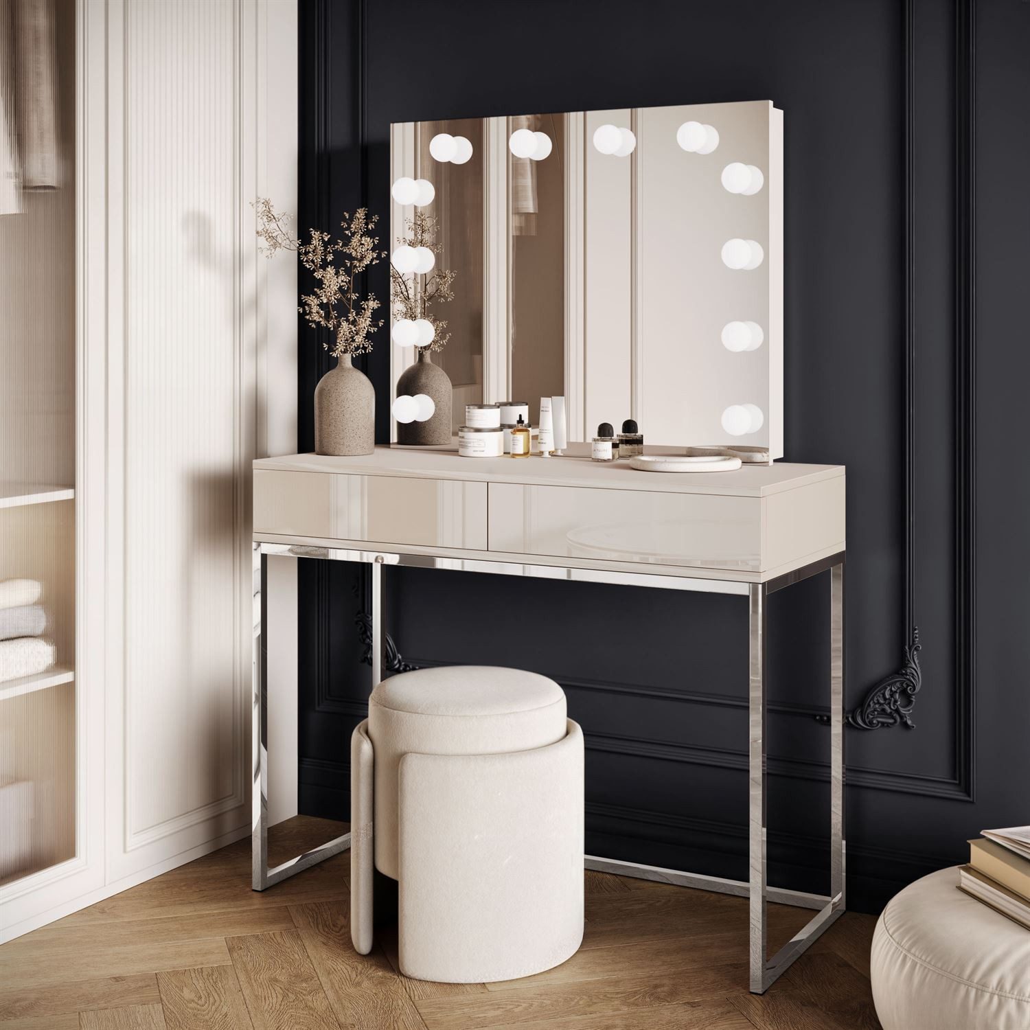 Lookway Schminktisch BLANCO KASCHMIR ELITE auf verchromtem Gestell (x Konsole, 1x Spiegel mit Led Beleuchtung), Breite: 100 cm