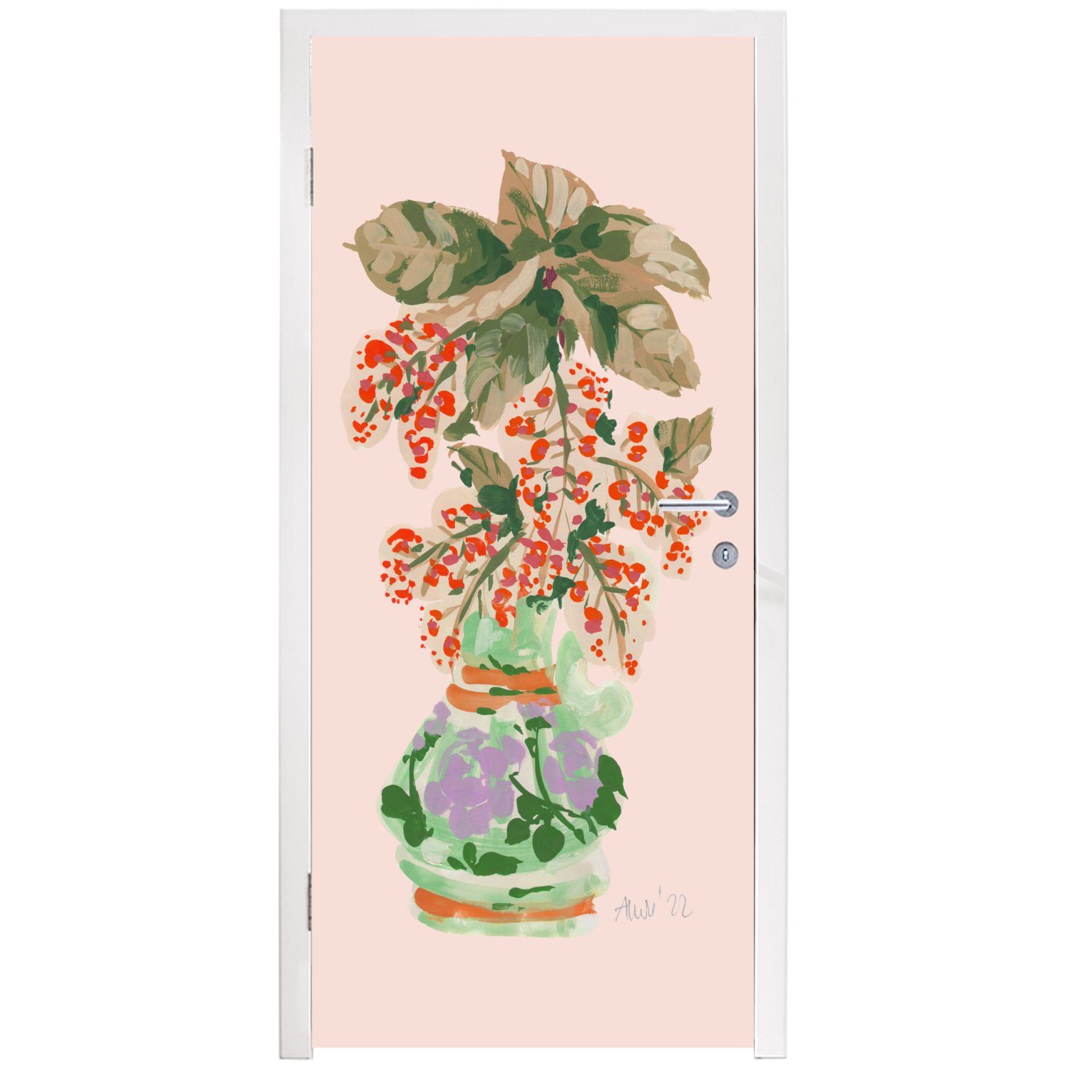 MuchoWow Türtapete Blumen - St), - (1 Pastell, Pflanzen Vase - bedruckt, Türaufkleber, Fototapete cm 75x205 für Matt, Tür