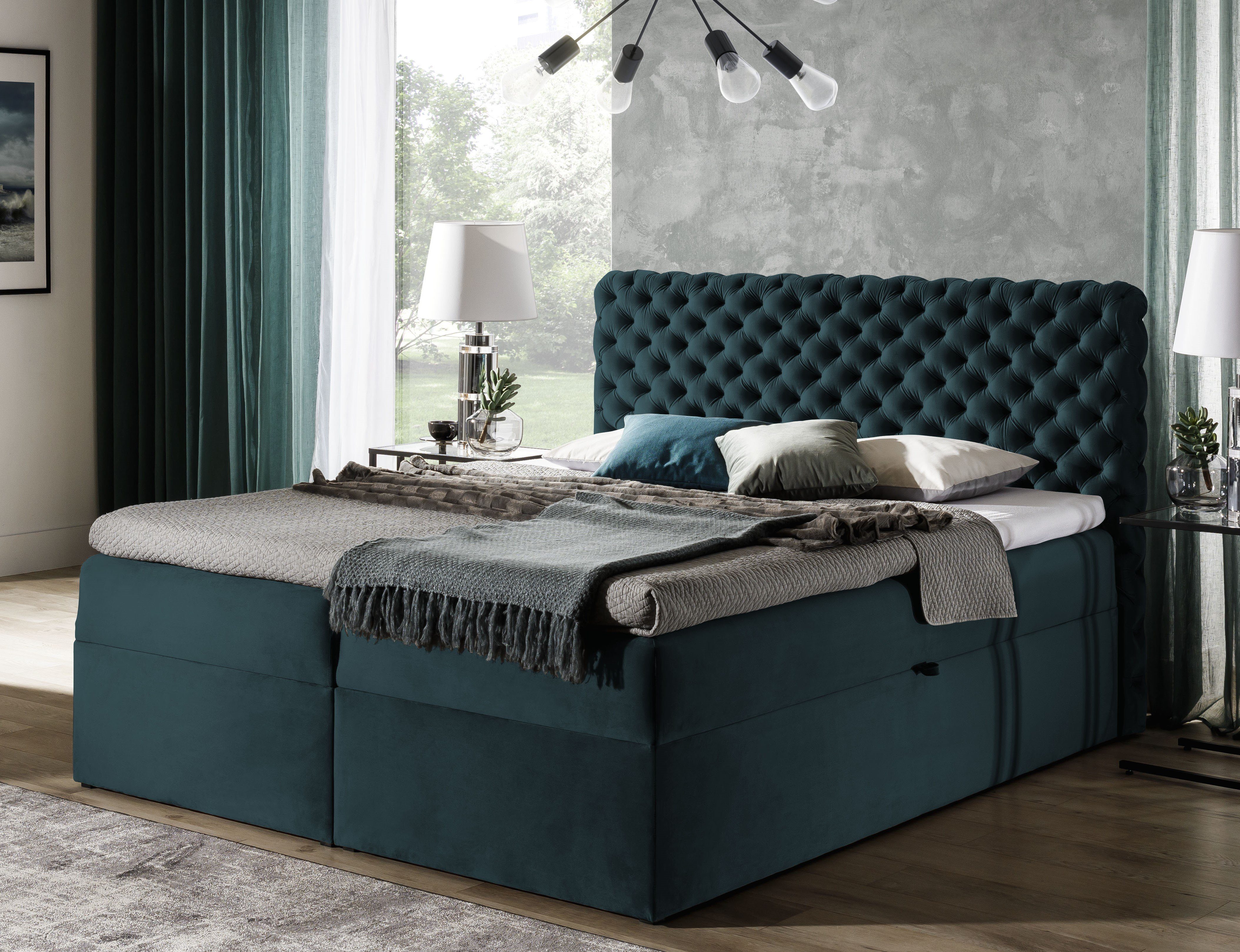Boxbett Chesterfield mit 2 Bettkästen, Doppelbett mit Bonell-Matratze + Topper