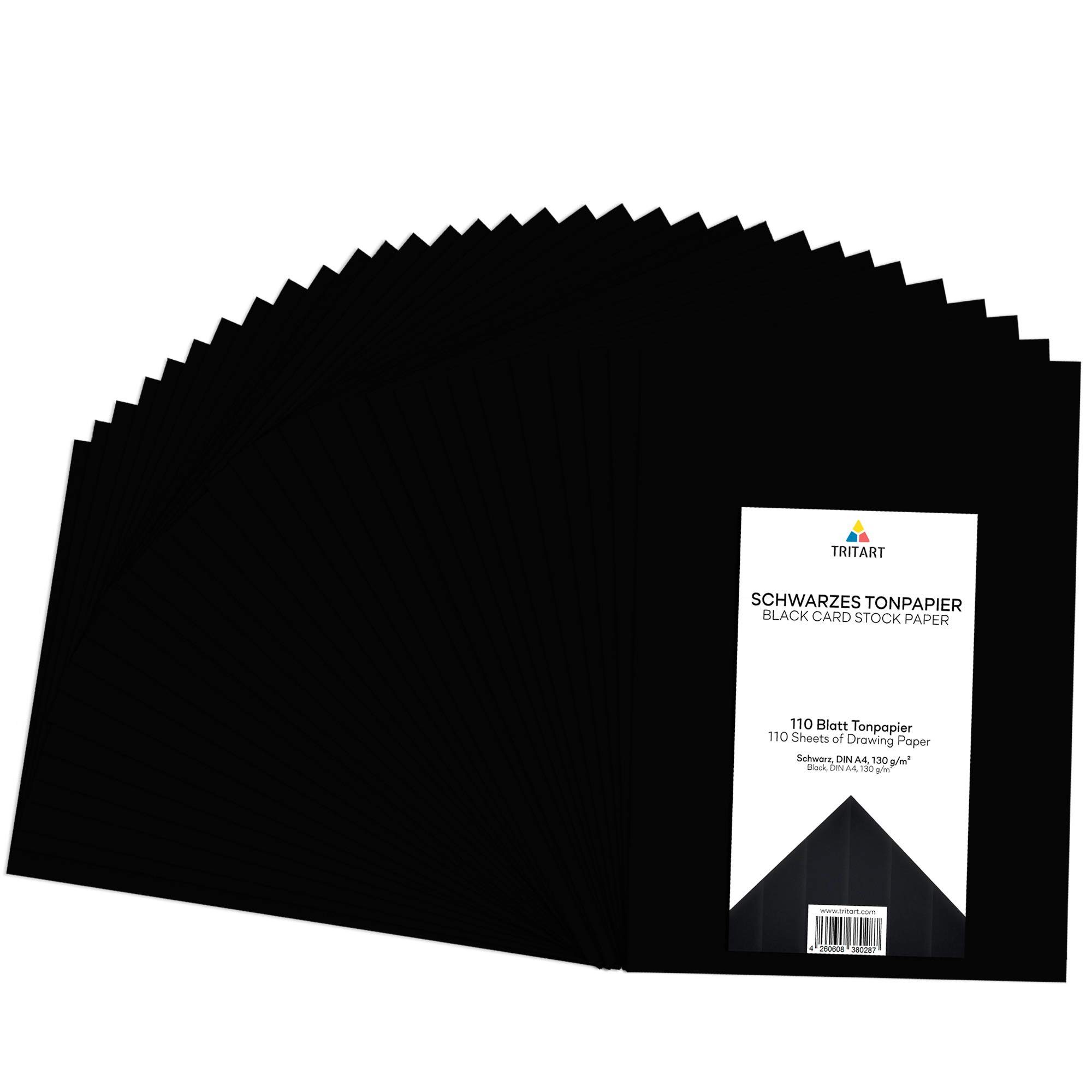 Tritart Aquarellpapier Schwarzes A4 - Blatt Schwarz 130g/m² A4 Tonpapier Tonpapier 110 Blatt, 130g/m² - 110