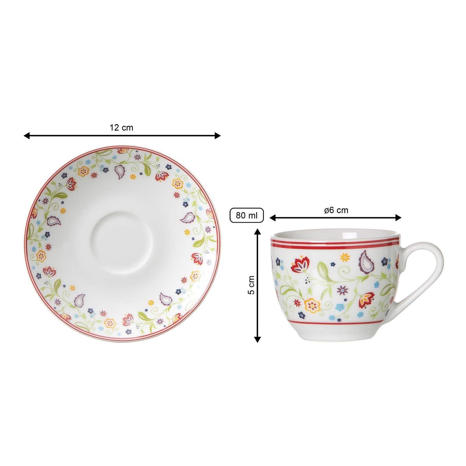 Ritzenhoff & Breker Tasse Shanti Espressotassen mit Untertassen 80 ml, 12-tlg., Porzellan