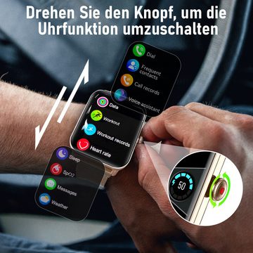 walkbee Smartwatch Fitness Tracker uhr für Damen Herren mit Telefonfunktion Smartwatch (Quadratischer 1,83''-Voll-Touch-Farbdisplay Zoll) mit drehbarer Knopf,einfache Bedienung,mit Blutdruck,Herzfrequenz,Blutsauerstoff, Schrittzähler, Atemtraining, Musiksteuerung und Fernfotografie usw., IP68 wasserdichte Sportuhr mit mehr als 100+Sportmodi, für Android IOS