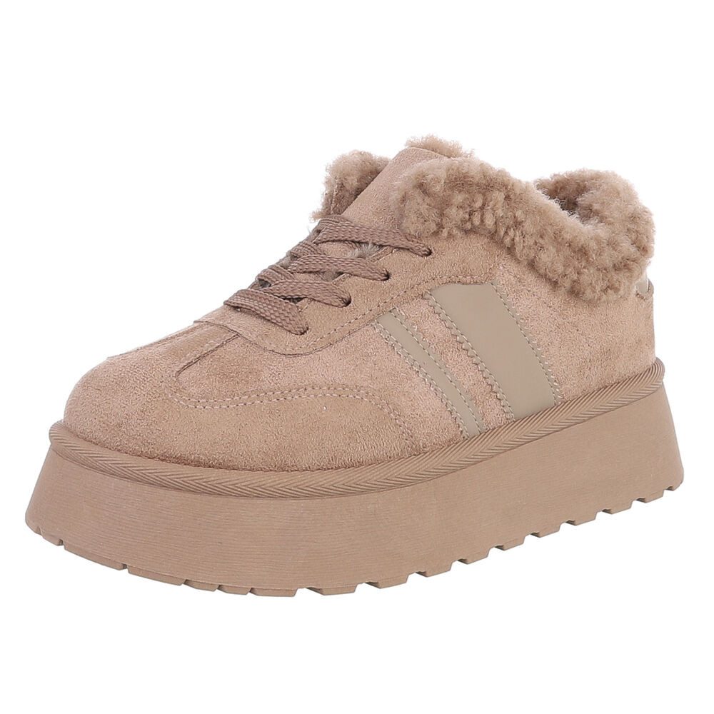 Ital-Design Damen Schnür-Sneaker mit Teddyfutter und Plateau-Sohle Sneaker (92392335) Flach Sneakers Low in Hellbraun