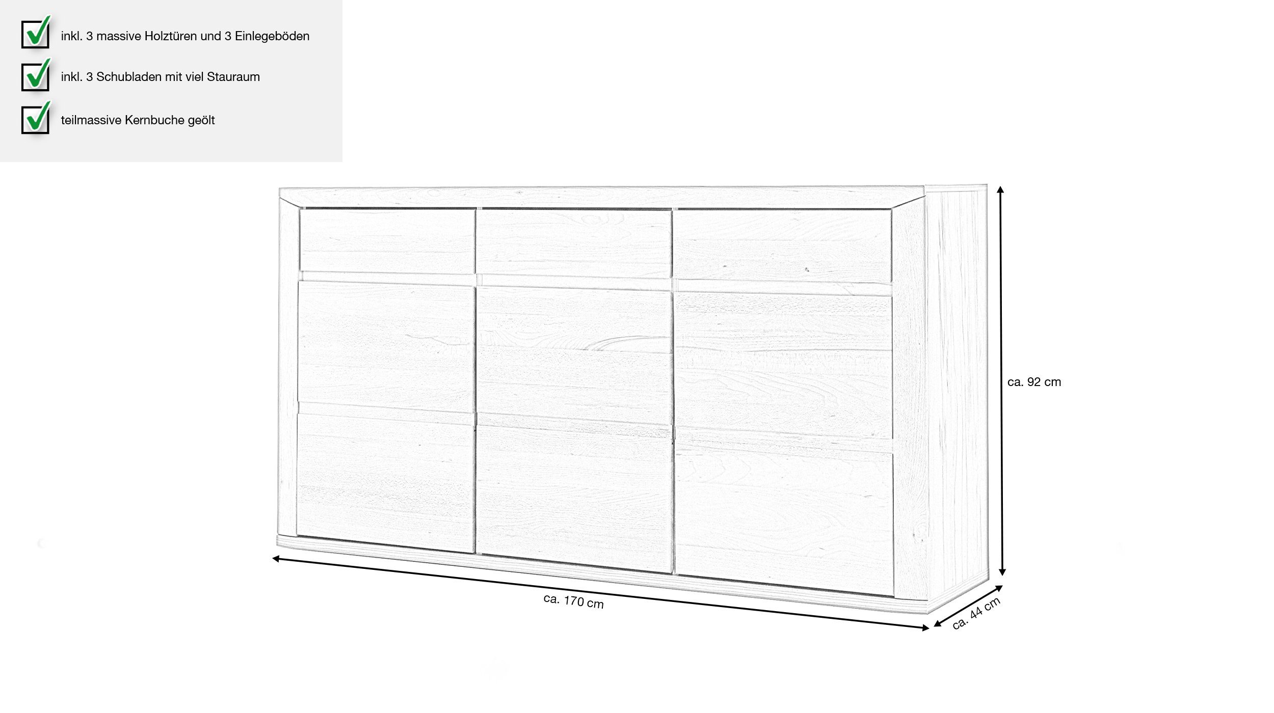 Massivart® Sideboard KORSIKA 170 cm / Massivholz Kernbuche teilmassiv geölt, 3 Türen / 3 Schubladen / 3 Einlegeböden
