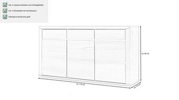 Massivart® Sideboard KORSIKA 170 cm / Massivholz Kernbuche teilmassiv geölt, 3 Türen / 3 Schubladen / 3 Einlegeböden
