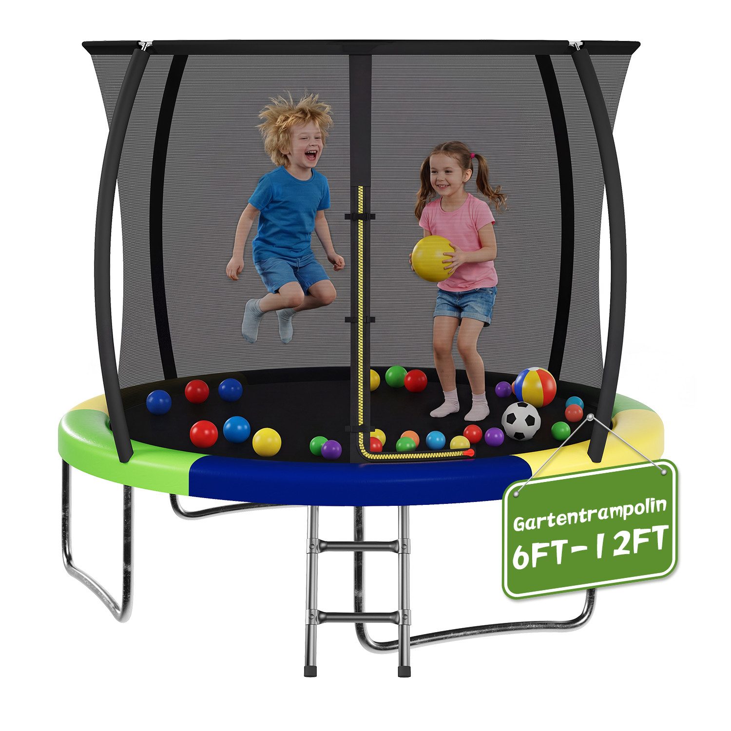 HOMALL Gartentrampolin Kindertrampolin Outdoor-Trampolin Durchmesser: 183/220/290/360 cm, Ø 290 cm, (Durchmesser 183 cm (mit Sicherheitsnetz und Schutzhaube, Tragkraft 50 kg/150 kg, 360°-Sicherheitsnetz, erhältlich in Schwarz/Blau/mehrfarbig) -ostern geschenke)