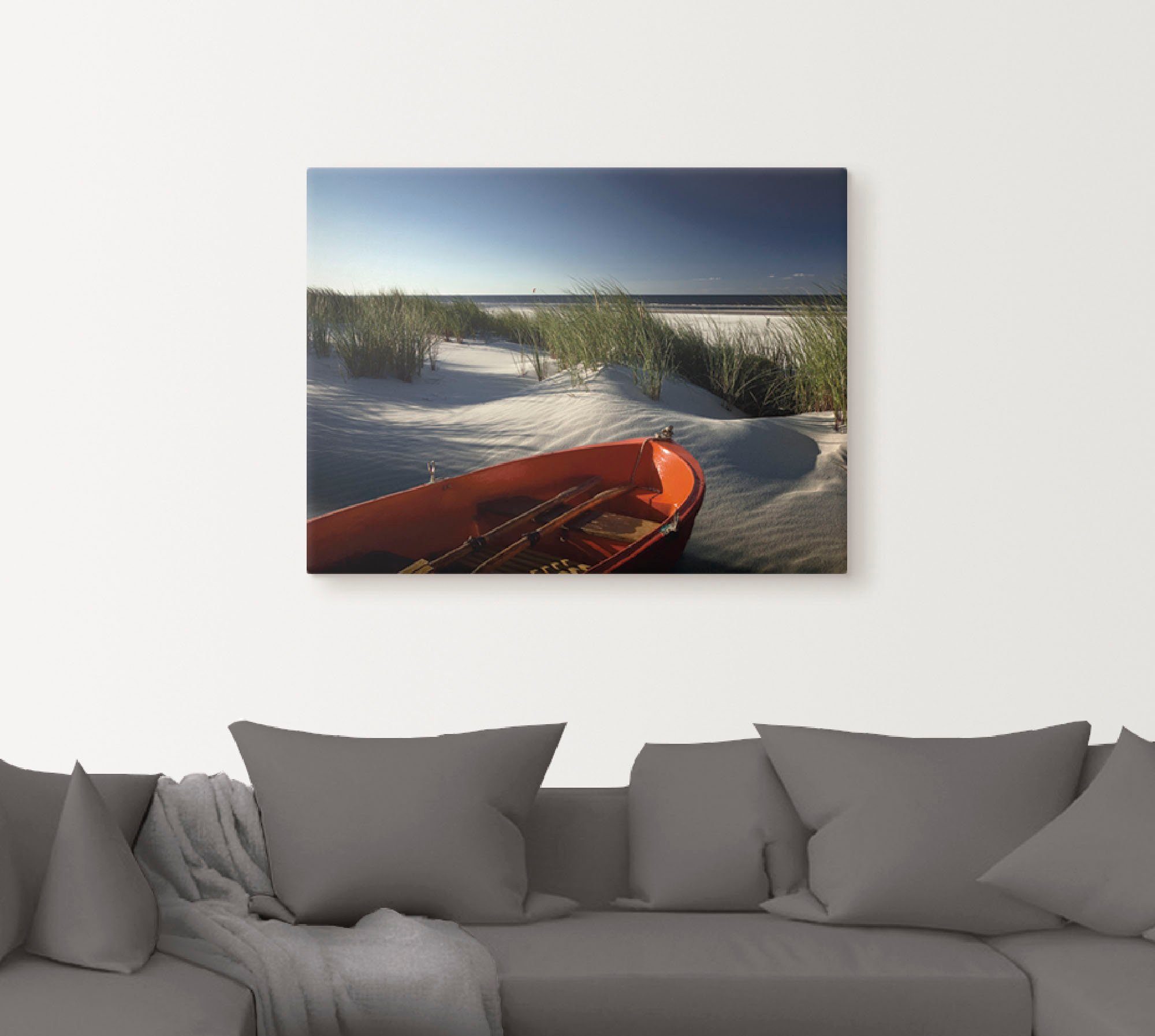 Artland Leinwandbild Rotes Boot am Strand..., Boote & Schiffe (1 St), auf Holzrahmen gespannt